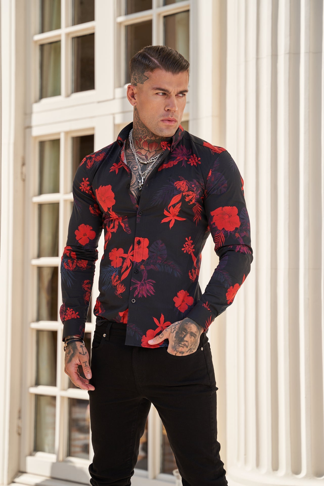 Elevate Your Style with Father Sons Super Slim Stretch Long Sleeve Shirt in Striking Black and Red Floral Print - FS770