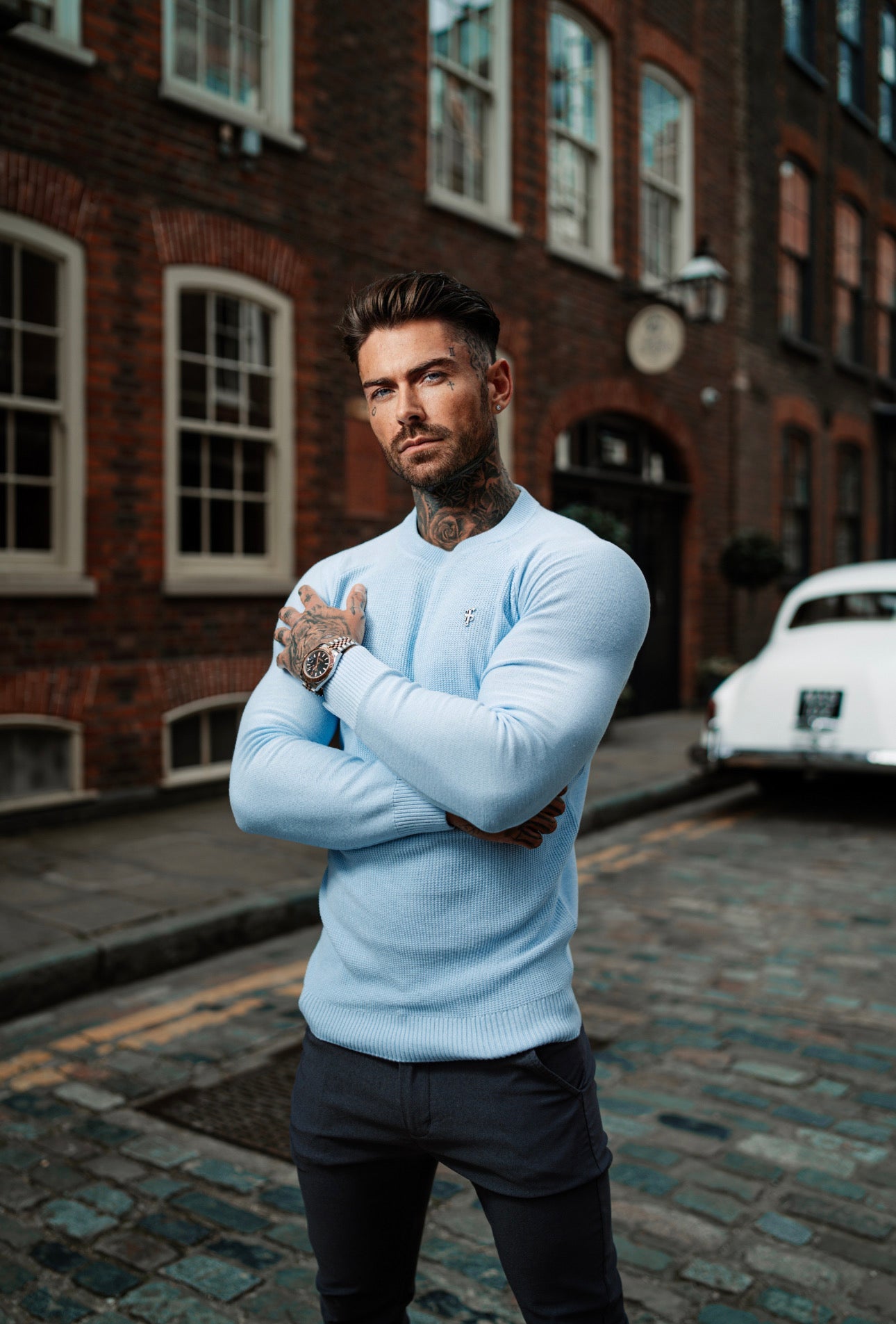 Sky Blue Honeycomb Knitted Crew Jumper for Men - Super Slim Fit with Stylish Metal Decal by Father Sons - FSN067
