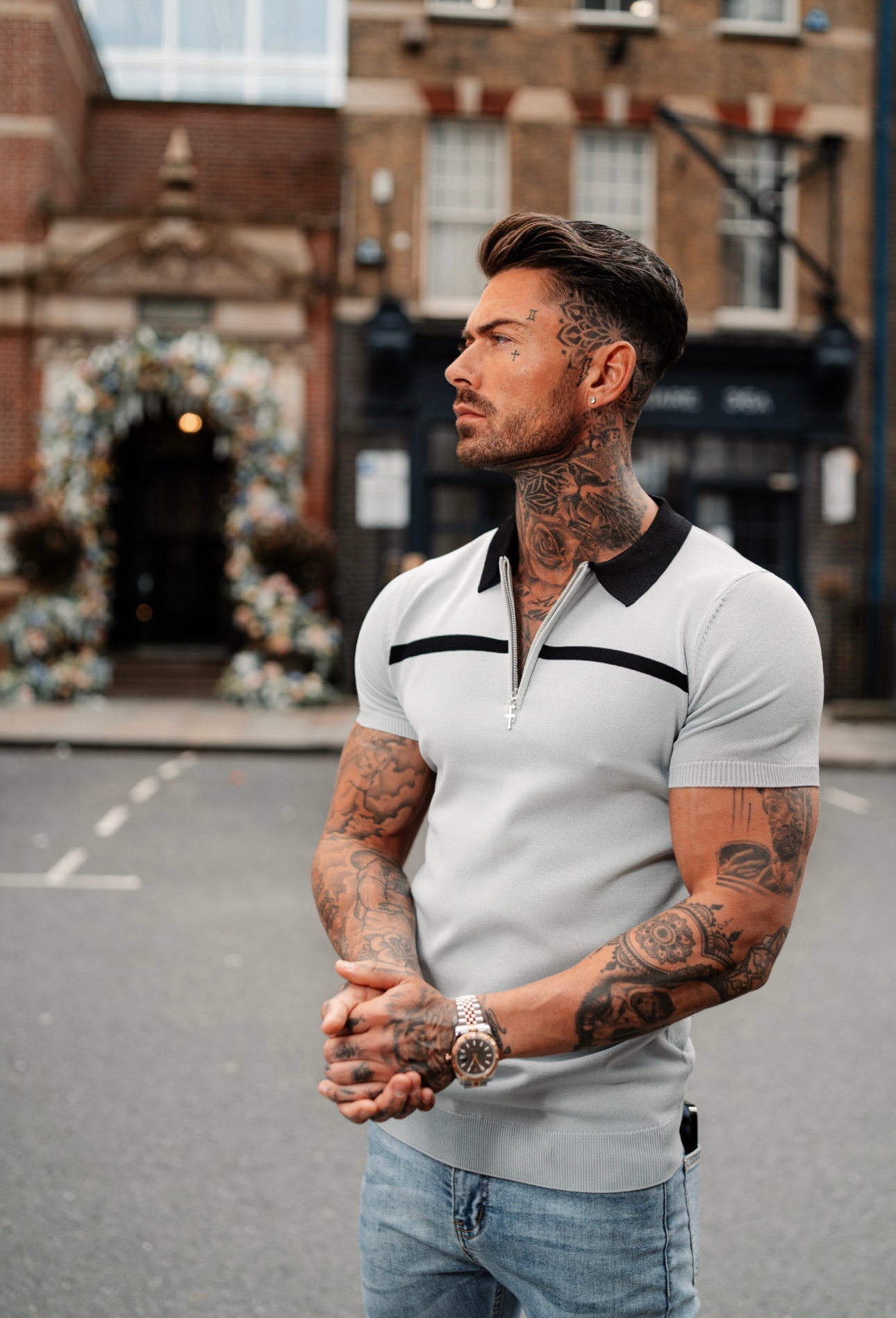 Elevate Your Style with the Father Sons Silver Grey and Black Stripe Zipped Polo - Short Sleeve FSN040