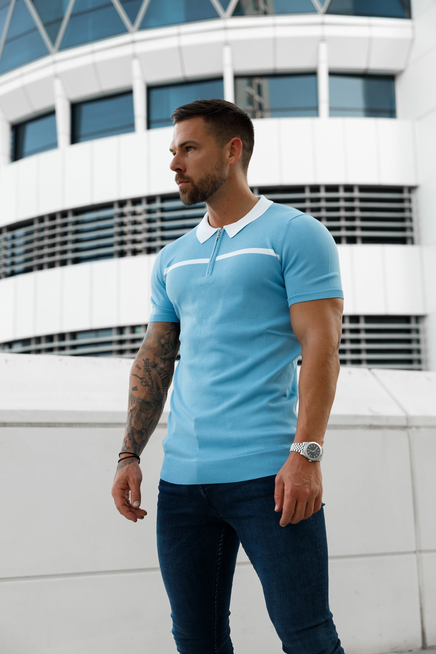 Elevate Your Style with the Father Sons Sky Blue & White Striped Zipped Polo – Short Sleeve Essentials - FSN058