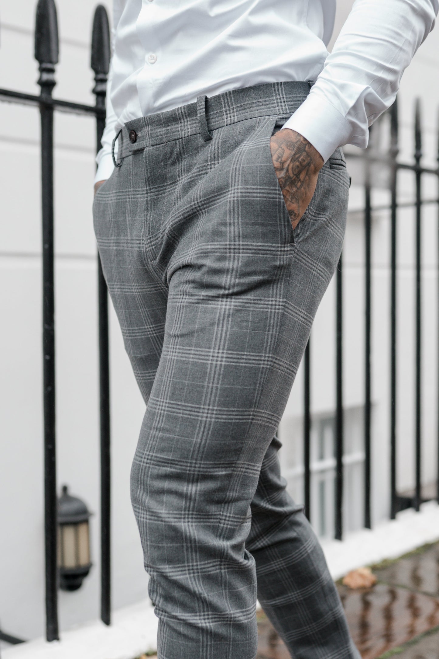 Elevate Your Style with Father Sons Slim Fit Silver Grey Check Stretch Trousers - FST005