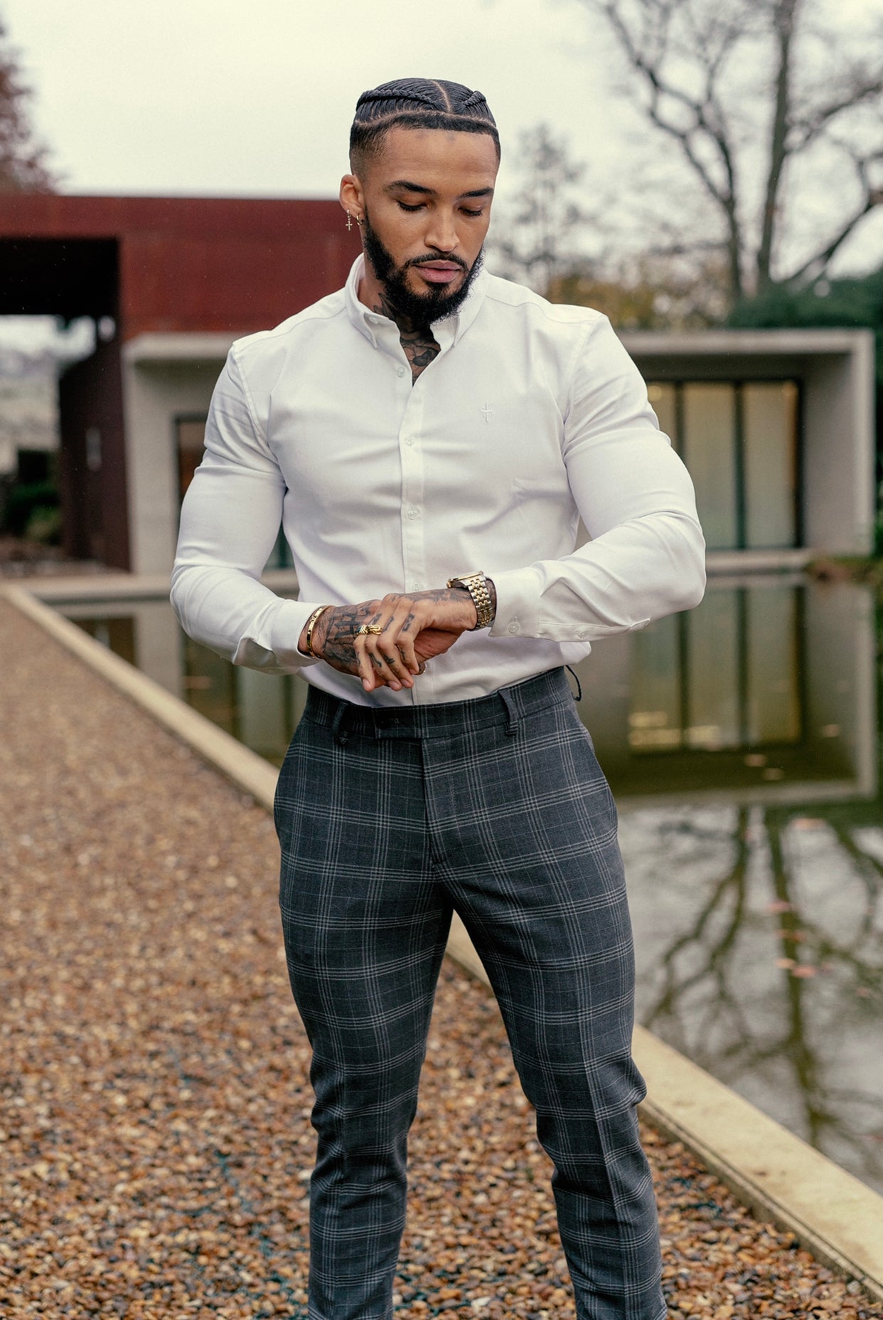 Elevate Your Style with Father Sons Slim Fit Silver Grey Check Stretch Trousers - FST005