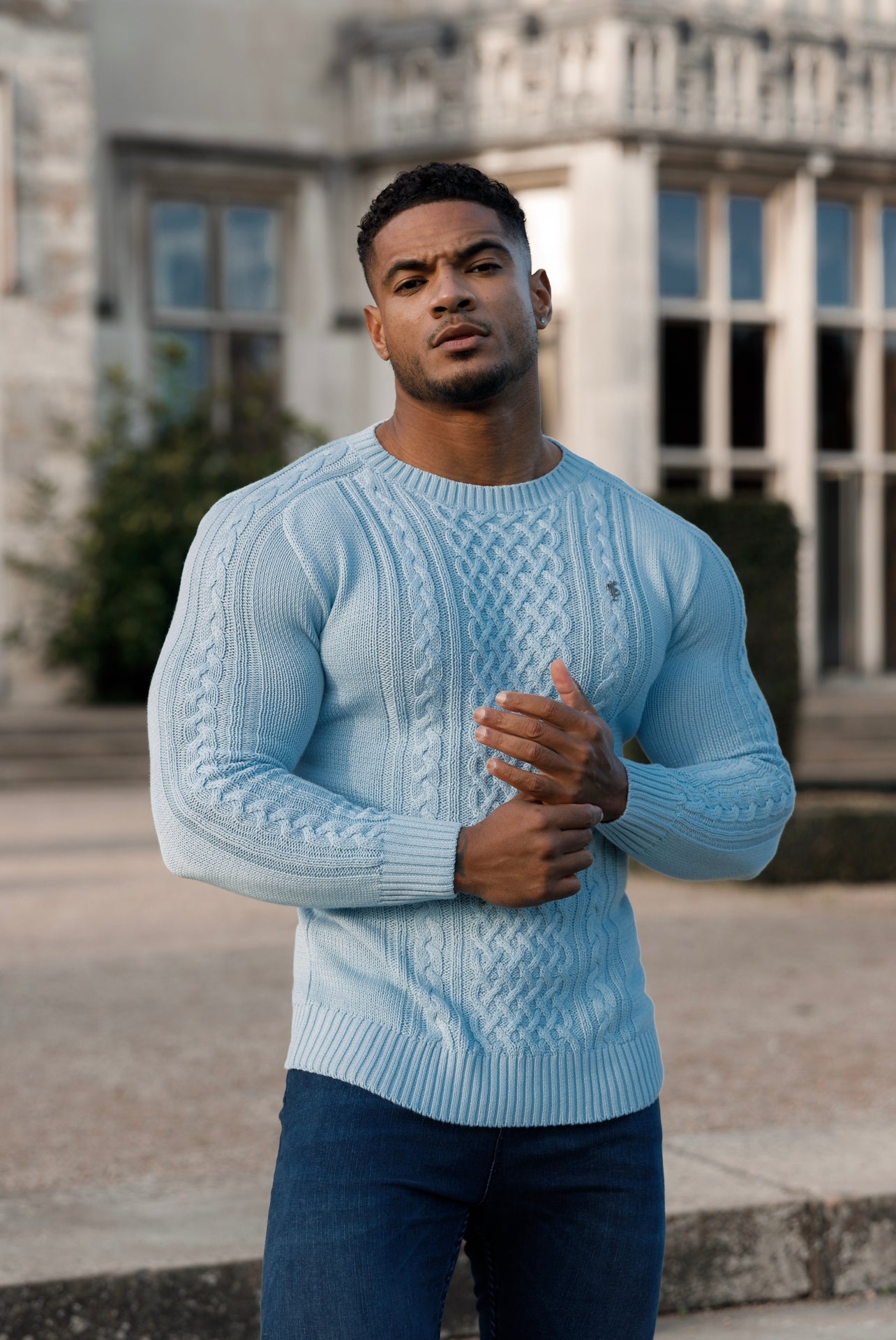 Elevate Your Wardrobe: Father Sons Sky Blue Knitted Cable Crew Jumper with Chic Metal Decal - FSN081