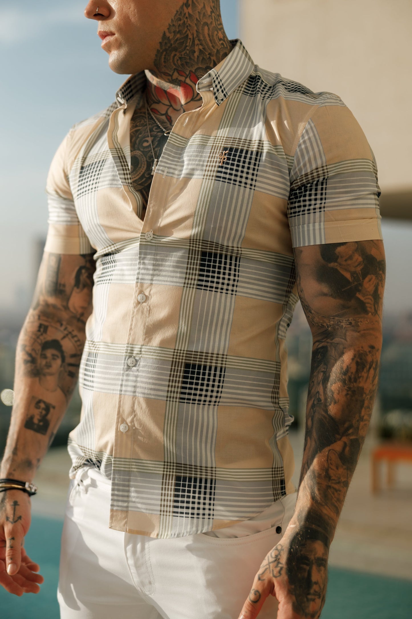 Father Sons Stylish Super Slim Fit Stretch Peach & Grey Check Short Sleeve Shirt with Button Down Collar - FS900