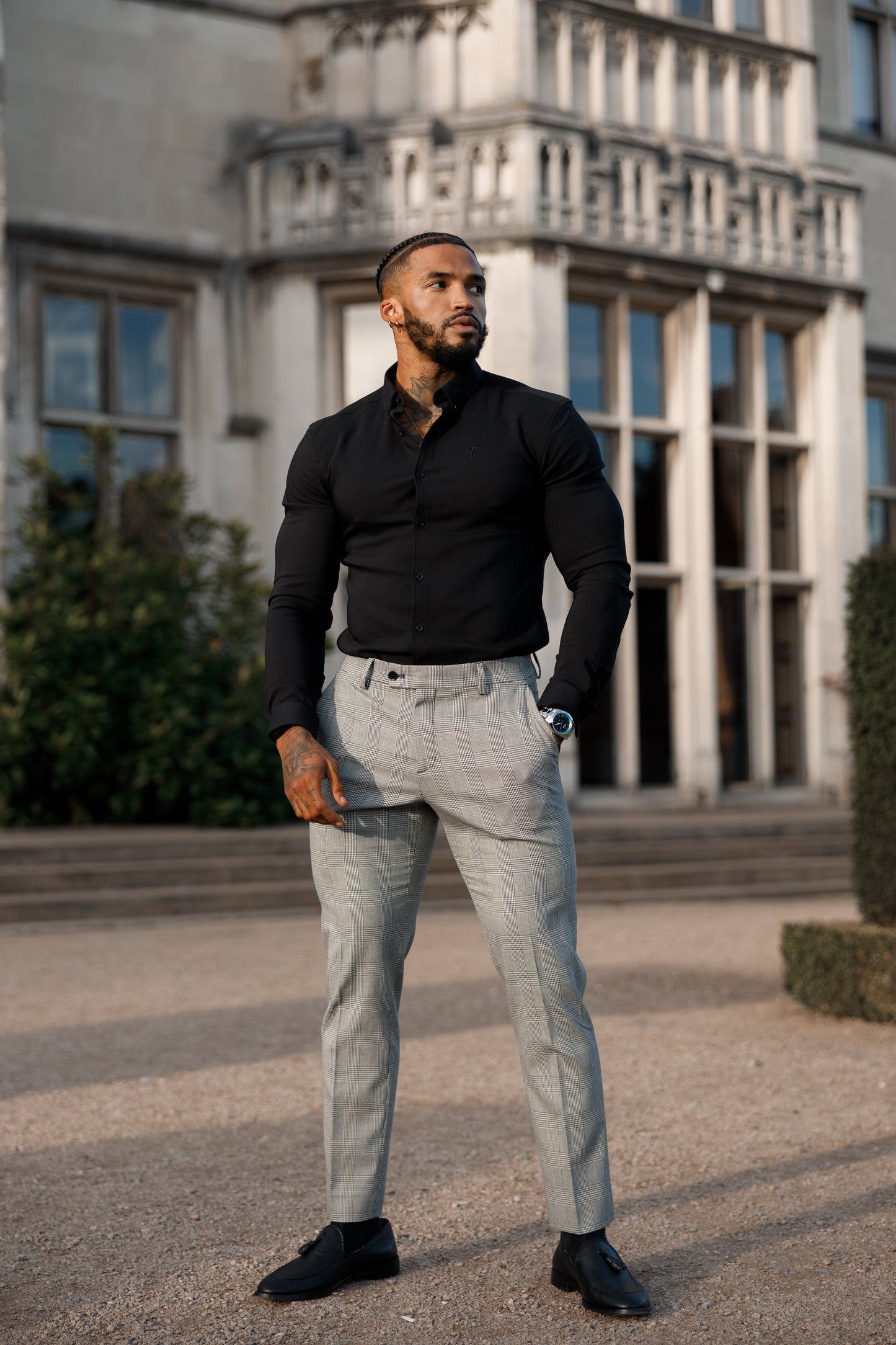 Elevate Your Style with Father Sons Slim Fit Grey Prince of Wales Check Stretch Trousers - Pre-Order Now for Release on 19th September!