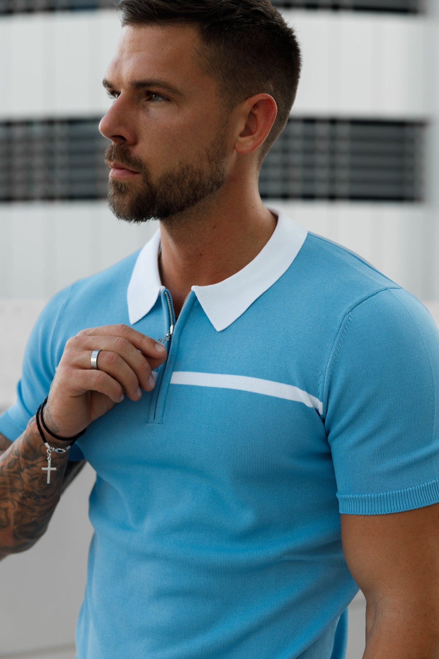 Elevate Your Style with the Father Sons Sky Blue & White Striped Zipped Polo – Short Sleeve Essentials - FSN058