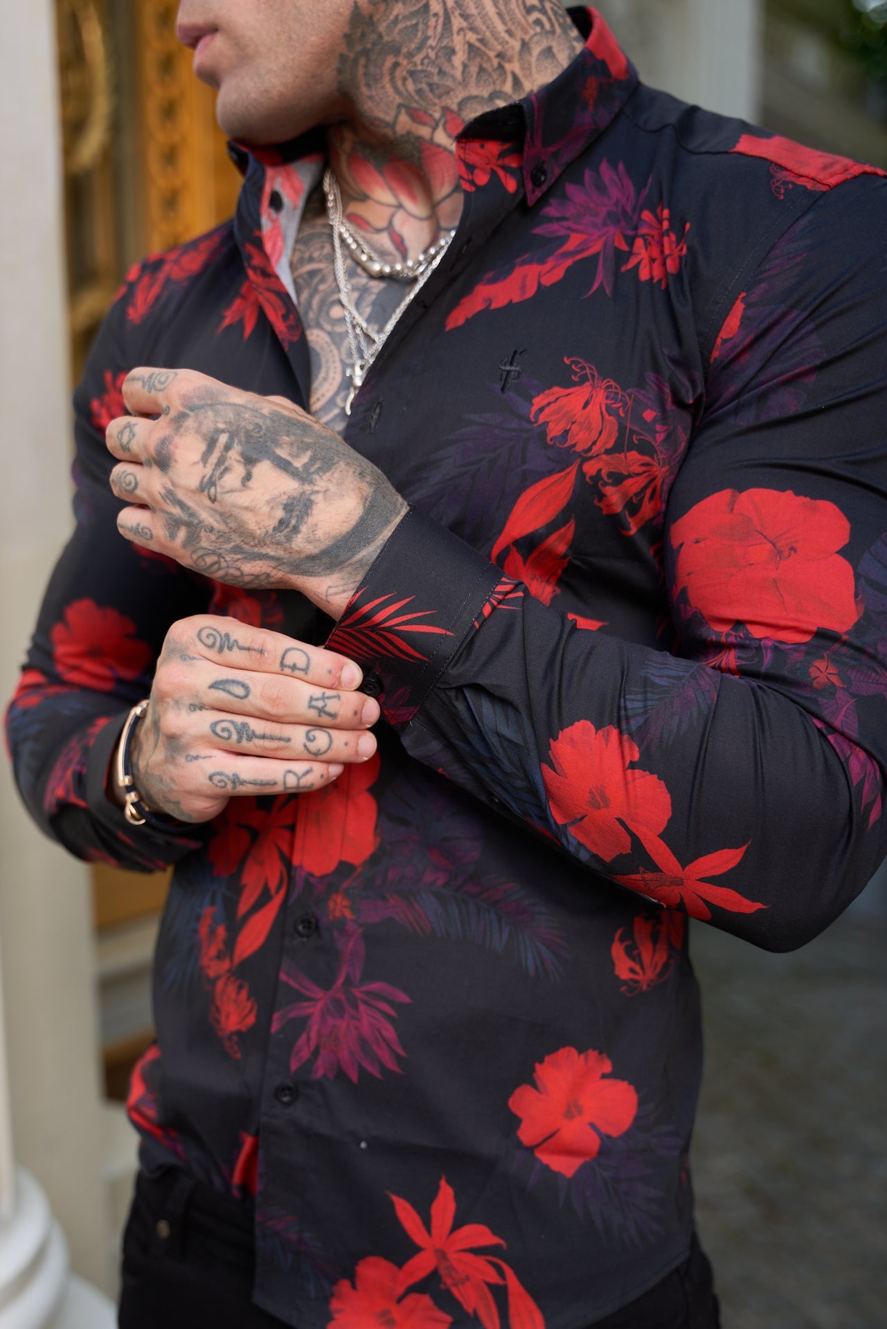 Elevate Your Style with Father Sons Super Slim Stretch Long Sleeve Shirt in Striking Black and Red Floral Print - FS770