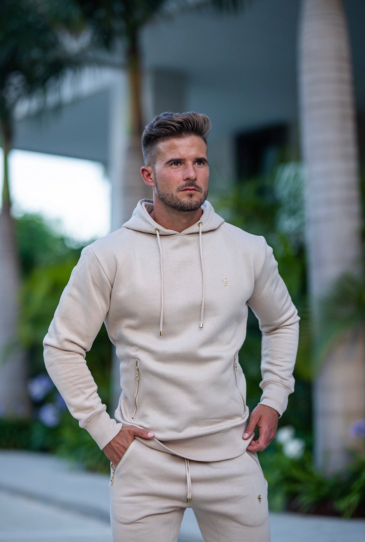 Elevate Your Style with the Father Sons Beige & Gold Overhead Hoodie Featuring Zipped Pockets - FSH483