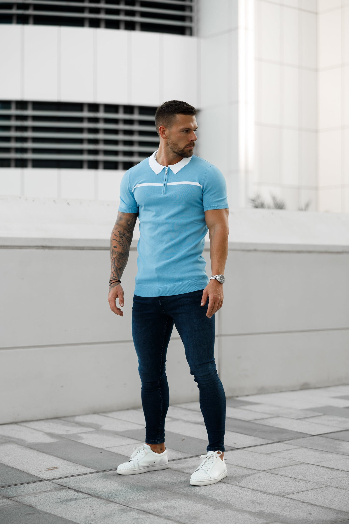 Elevate Your Style with the Father Sons Sky Blue & White Striped Zipped Polo – Short Sleeve Essentials - FSN058