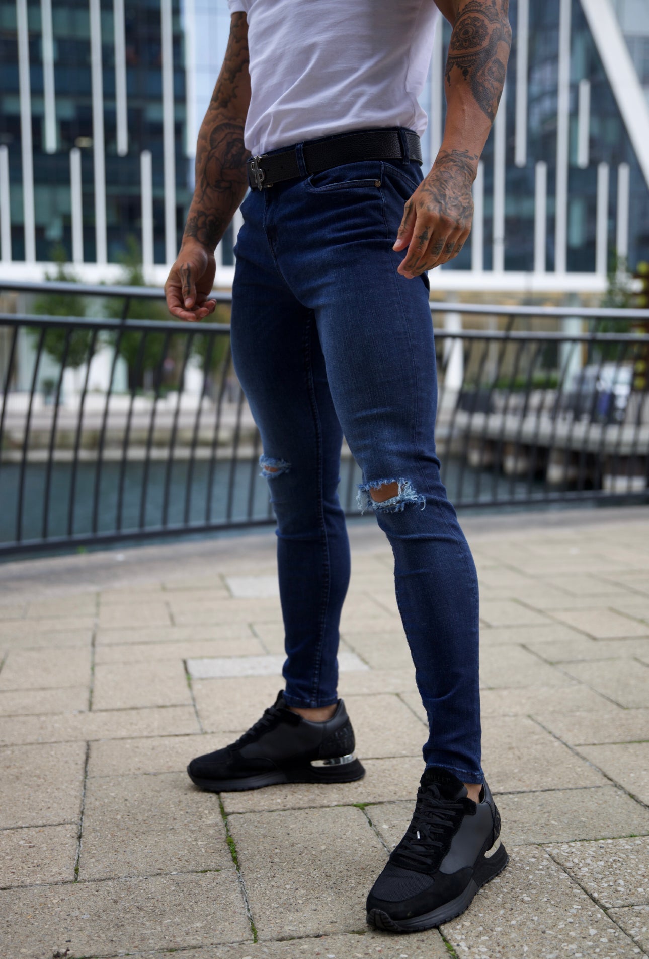 Elevate Your Style with Father Sons Ultra-Stretch Navy Slim Jeans Featuring Trendy Knee Rips - FSJEAN004