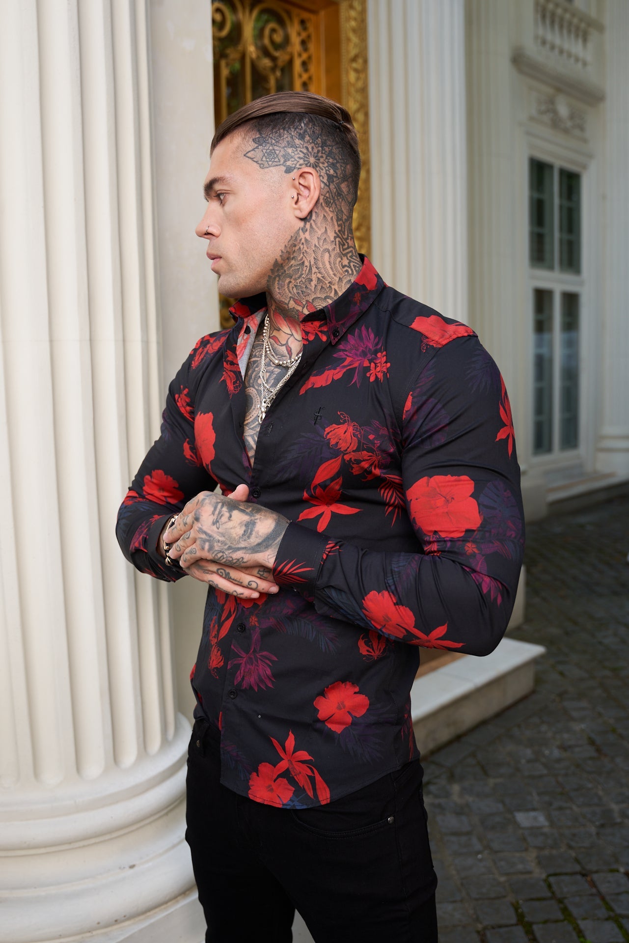 Elevate Your Style with Father Sons Super Slim Stretch Long Sleeve Shirt in Striking Black and Red Floral Print - FS770