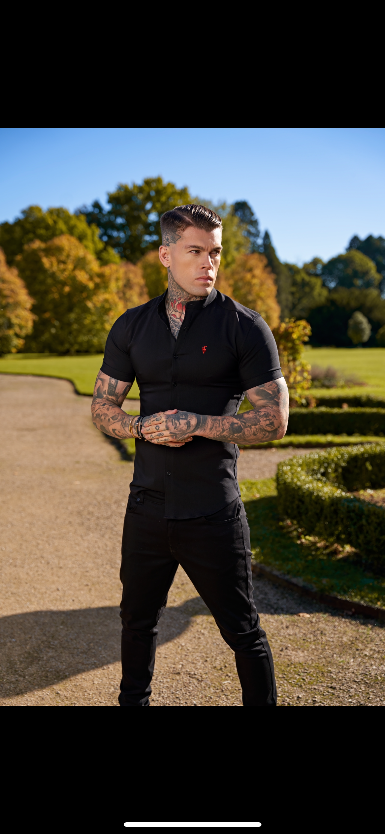 Elevate Your Style with Father Sons Super Slim Fit Black Scuba Short Sleeve Stretch Shirt Featuring a Trendy Grandad Collar - FS930