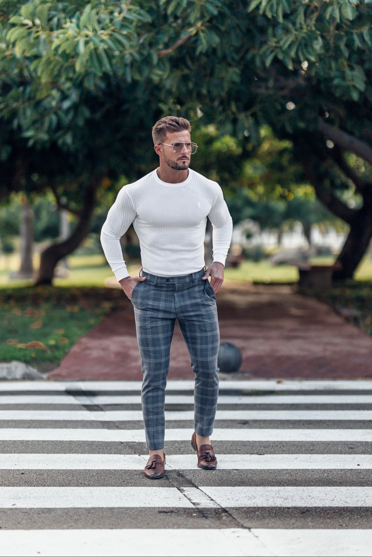 Elevate Your Style with Father Sons Slim Fit Silver Grey Check Stretch Trousers - FST005
