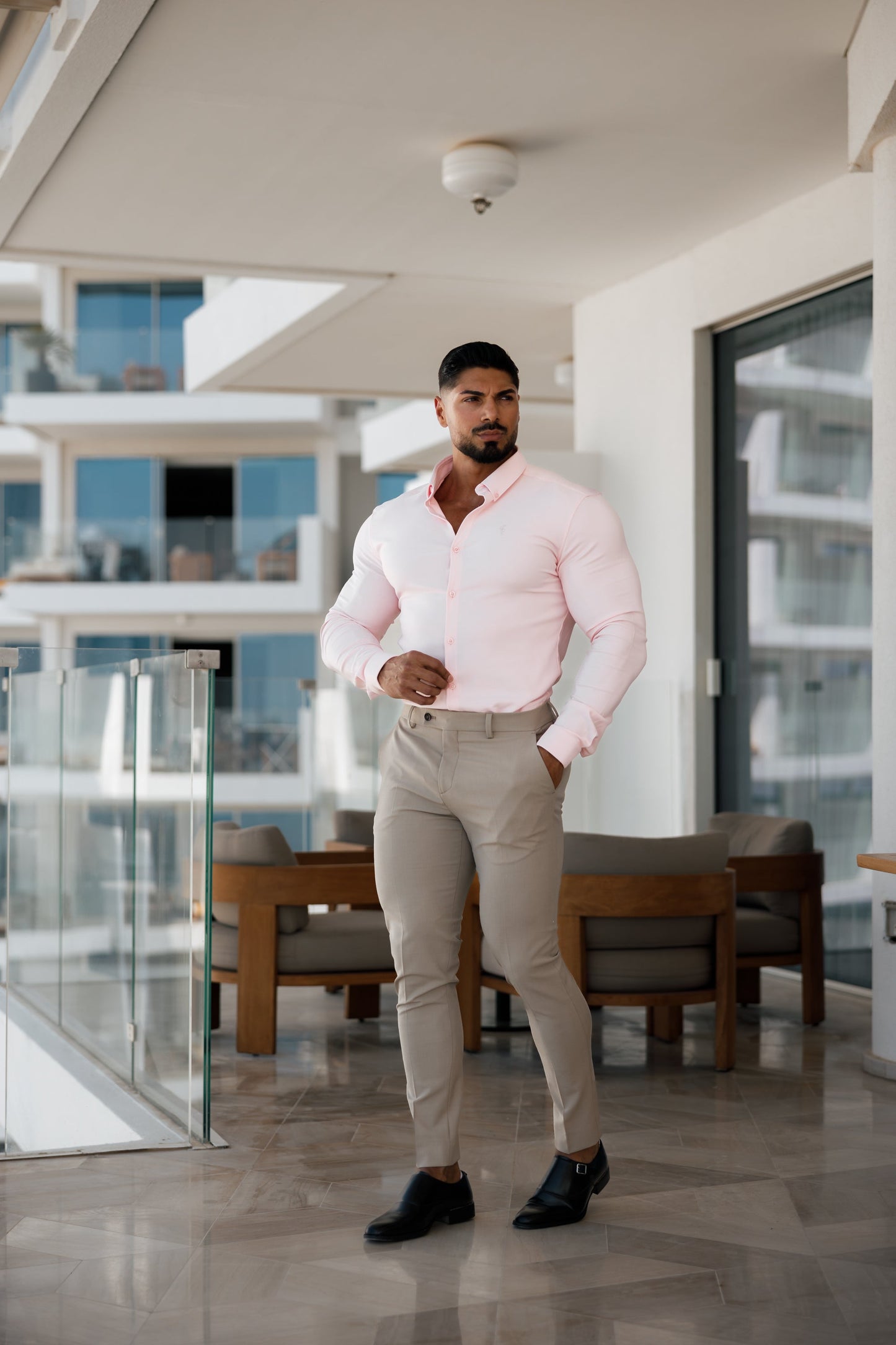 Elevate Your Style: Father Sons Super Slim Pink Scuba Long Sleeve Stretch Shirt - FS880