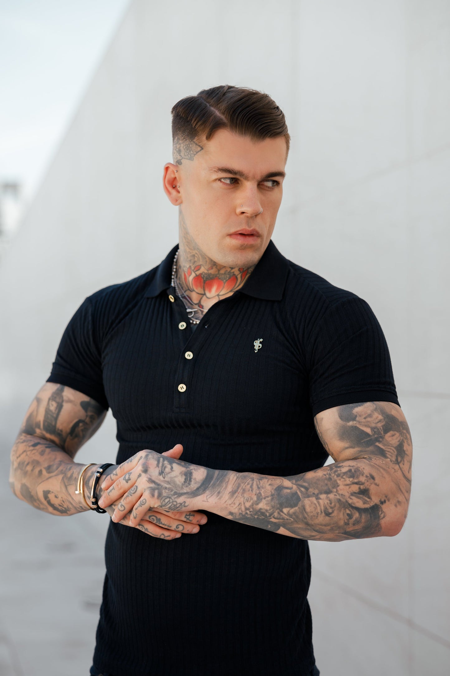 Elevate Your Style with the Father Sons Classic Navy Ribbed Polo Shirt Featuring Luxurious Gold Emblem and Button Accents - FSH694