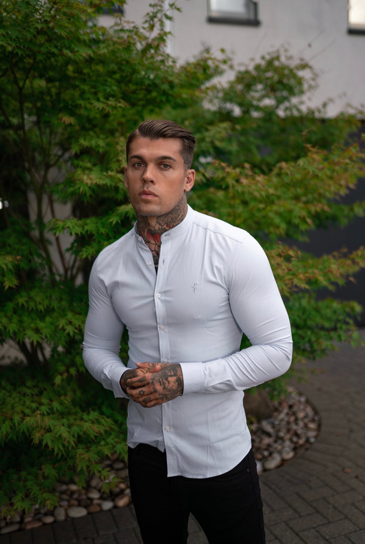 Elevate Your Style with the Father Sons Super Slim Stretch Classic White Grandad Collar Oxford Shirt - FS732