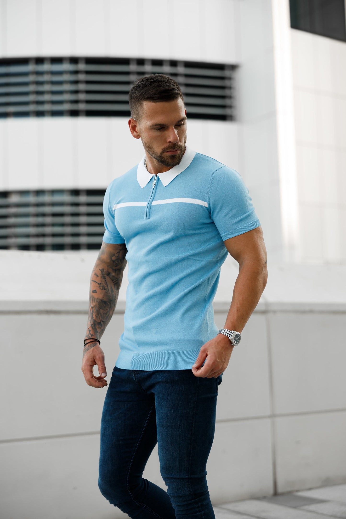Elevate Your Style with the Father Sons Sky Blue & White Striped Zipped Polo – Short Sleeve Essentials - FSN058