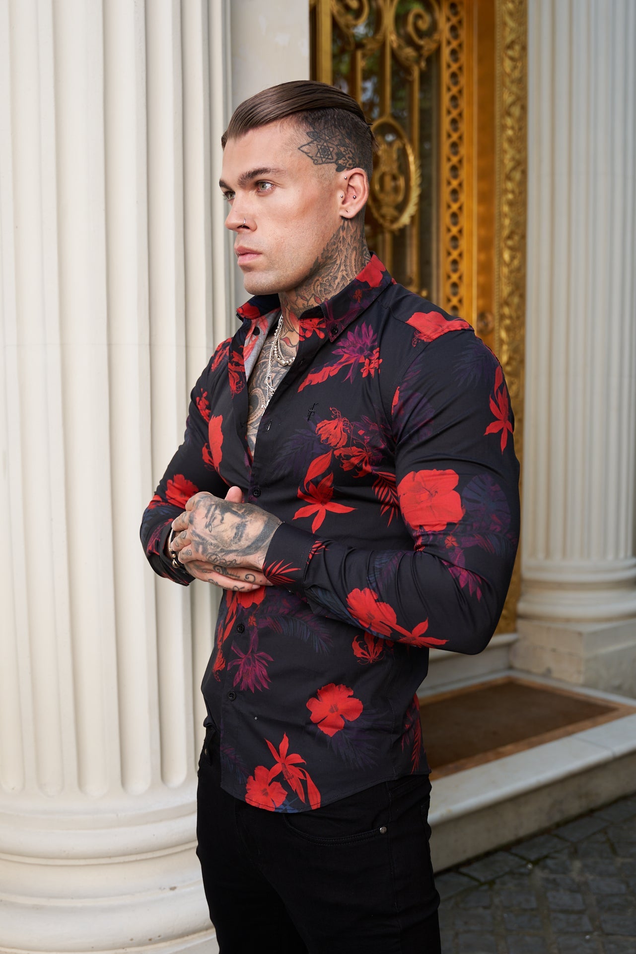Elevate Your Style with Father Sons Super Slim Stretch Long Sleeve Shirt in Striking Black and Red Floral Print - FS770
