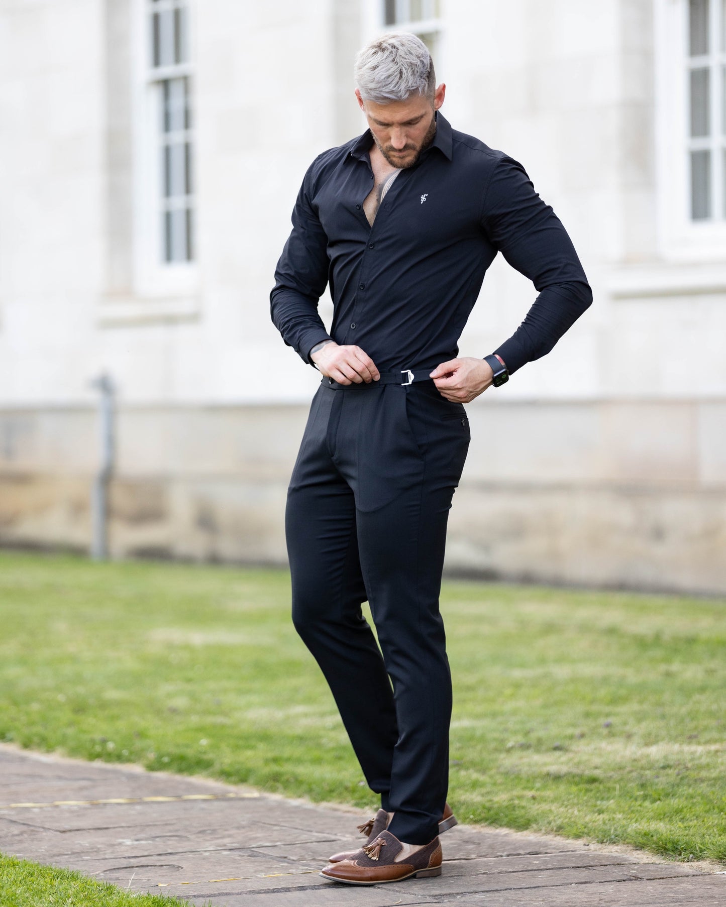 Elevate Your Style: Father Sons Slim Fit Black Stretch Trousers with Chic Silver Waist Adjusters - Pre-Order Now for September 19th!