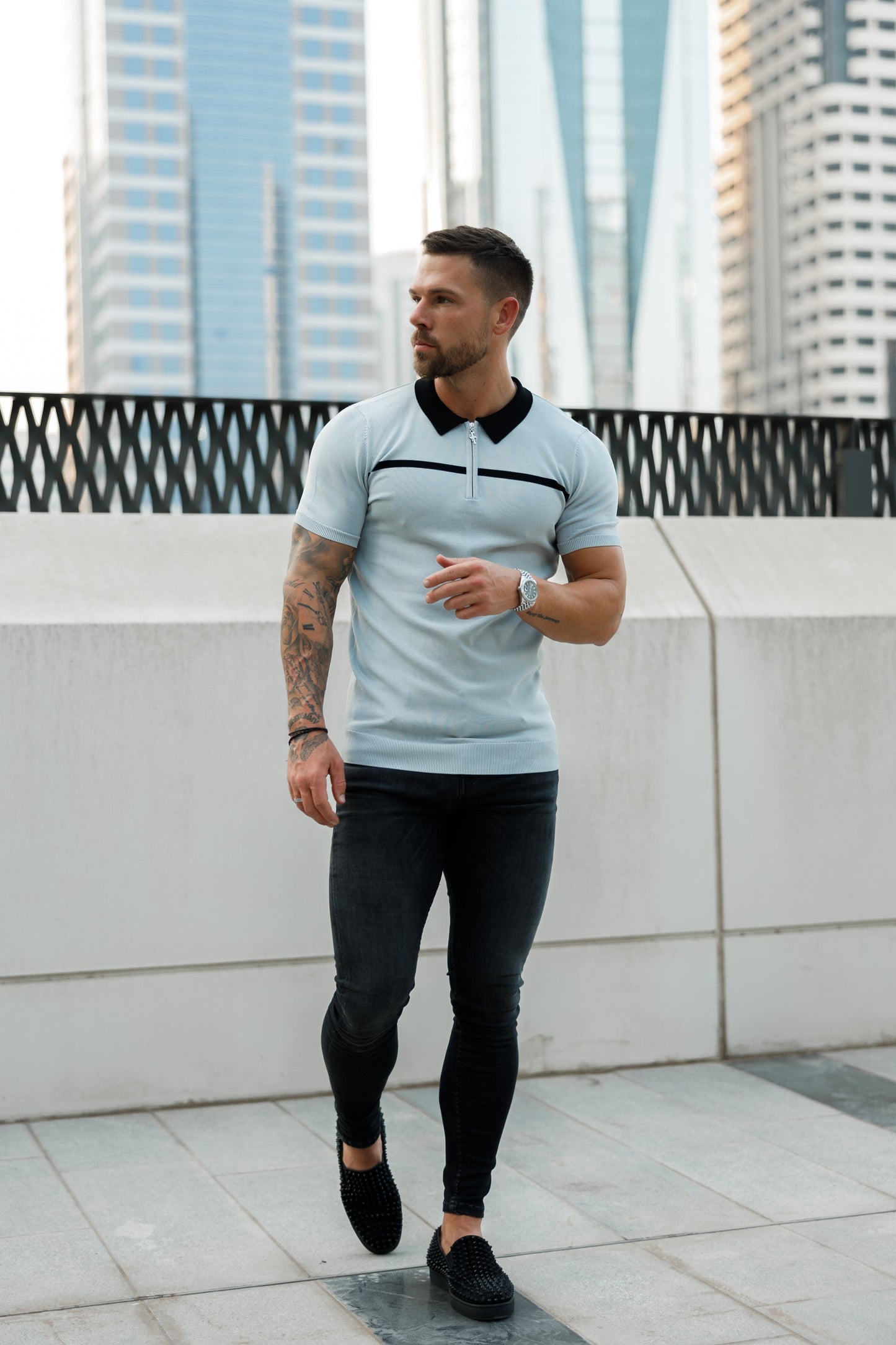 Elevate Your Style with the Father Sons Silver Grey and Black Stripe Zipped Polo - Short Sleeve FSN040
