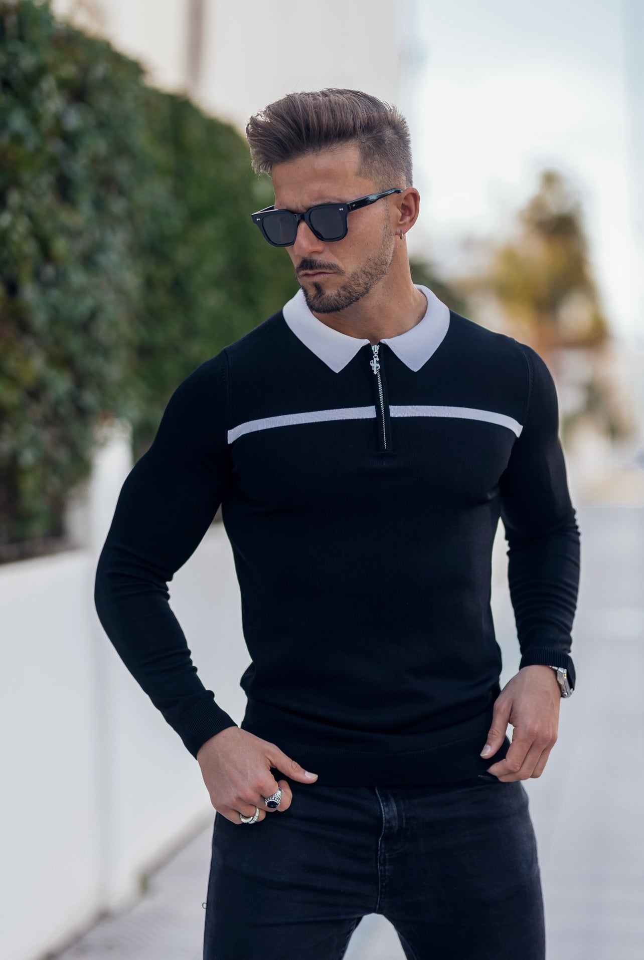 Elevate Your Style with Father Sons Classic Black and White Striped Long Sleeve Zipped Polo - FSN047