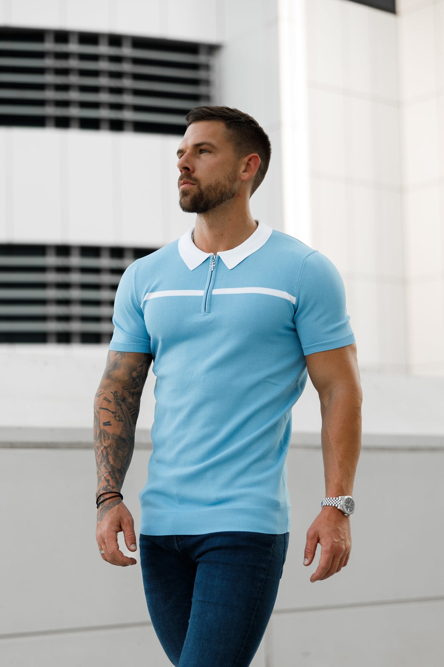 Elevate Your Style with the Father Sons Sky Blue & White Striped Zipped Polo – Short Sleeve Essentials - FSN058