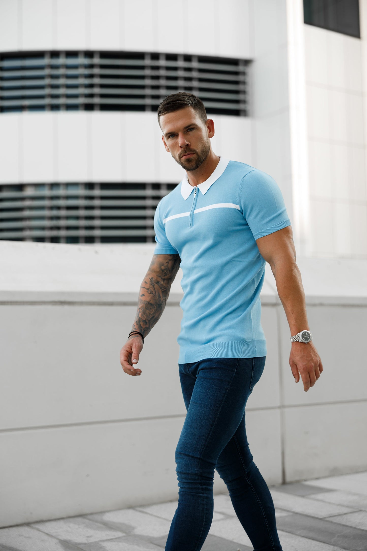 Elevate Your Style with the Father Sons Sky Blue & White Striped Zipped Polo – Short Sleeve Essentials - FSN058