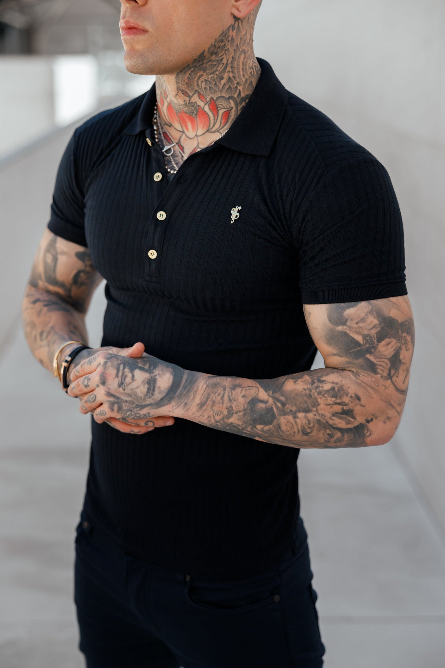 Elevate Your Style with the Father Sons Classic Navy Ribbed Polo Shirt Featuring Luxurious Gold Emblem and Button Accents - FSH694