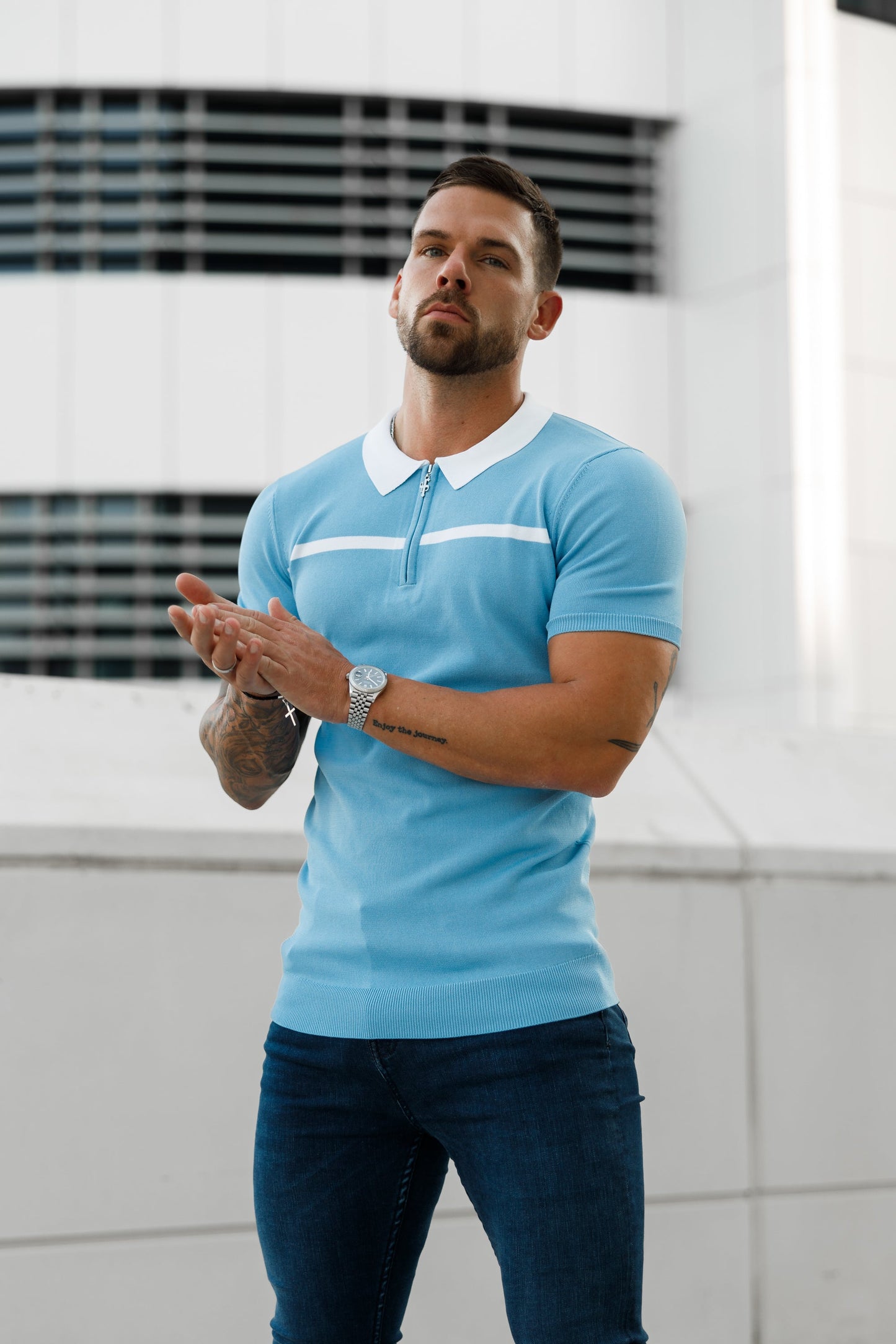 Elevate Your Style with the Father Sons Sky Blue & White Striped Zipped Polo – Short Sleeve Essentials - FSN058