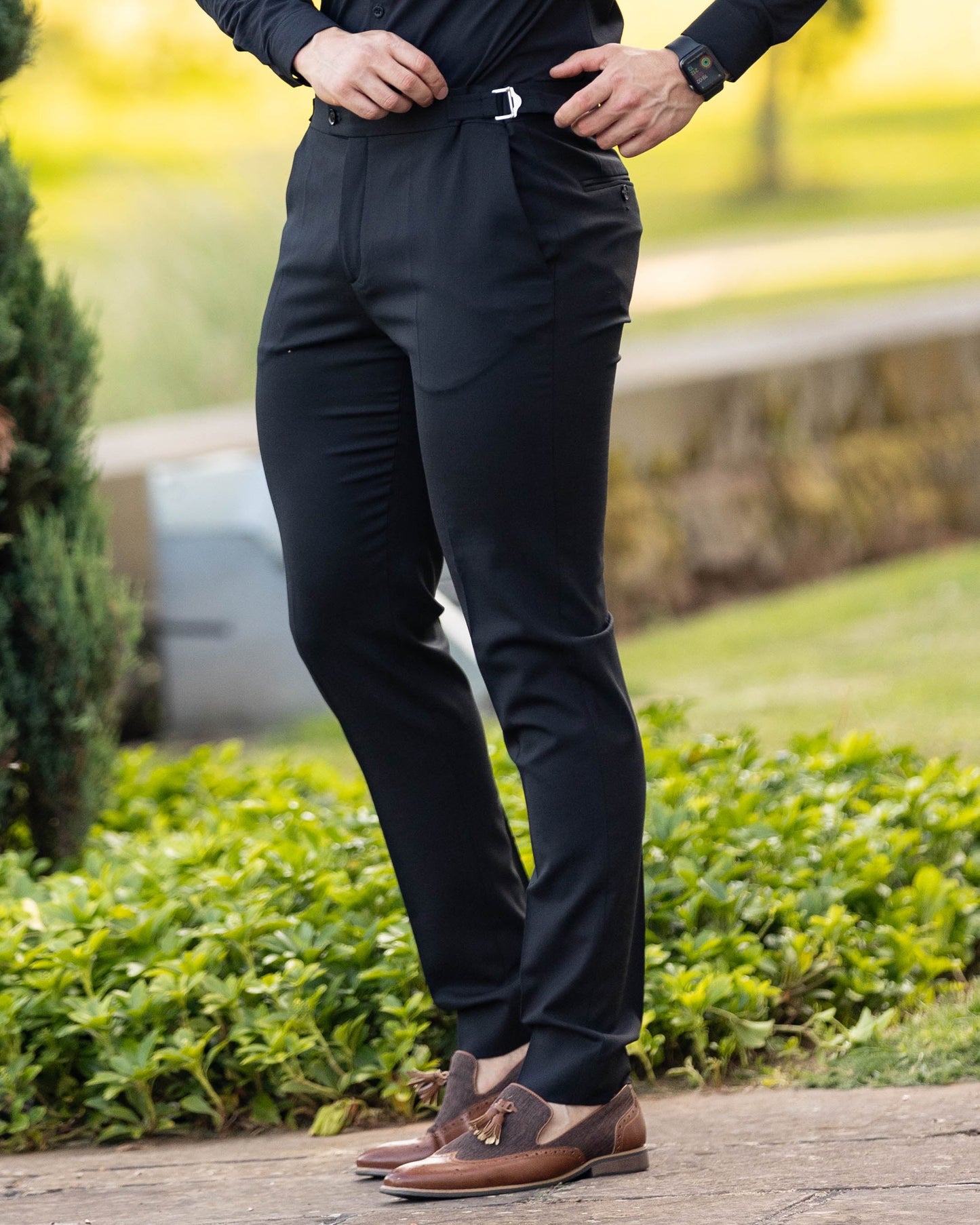 Elevate Your Style: Father Sons Slim Fit Black Stretch Trousers with Chic Silver Waist Adjusters - Pre-Order Now for September 19th!