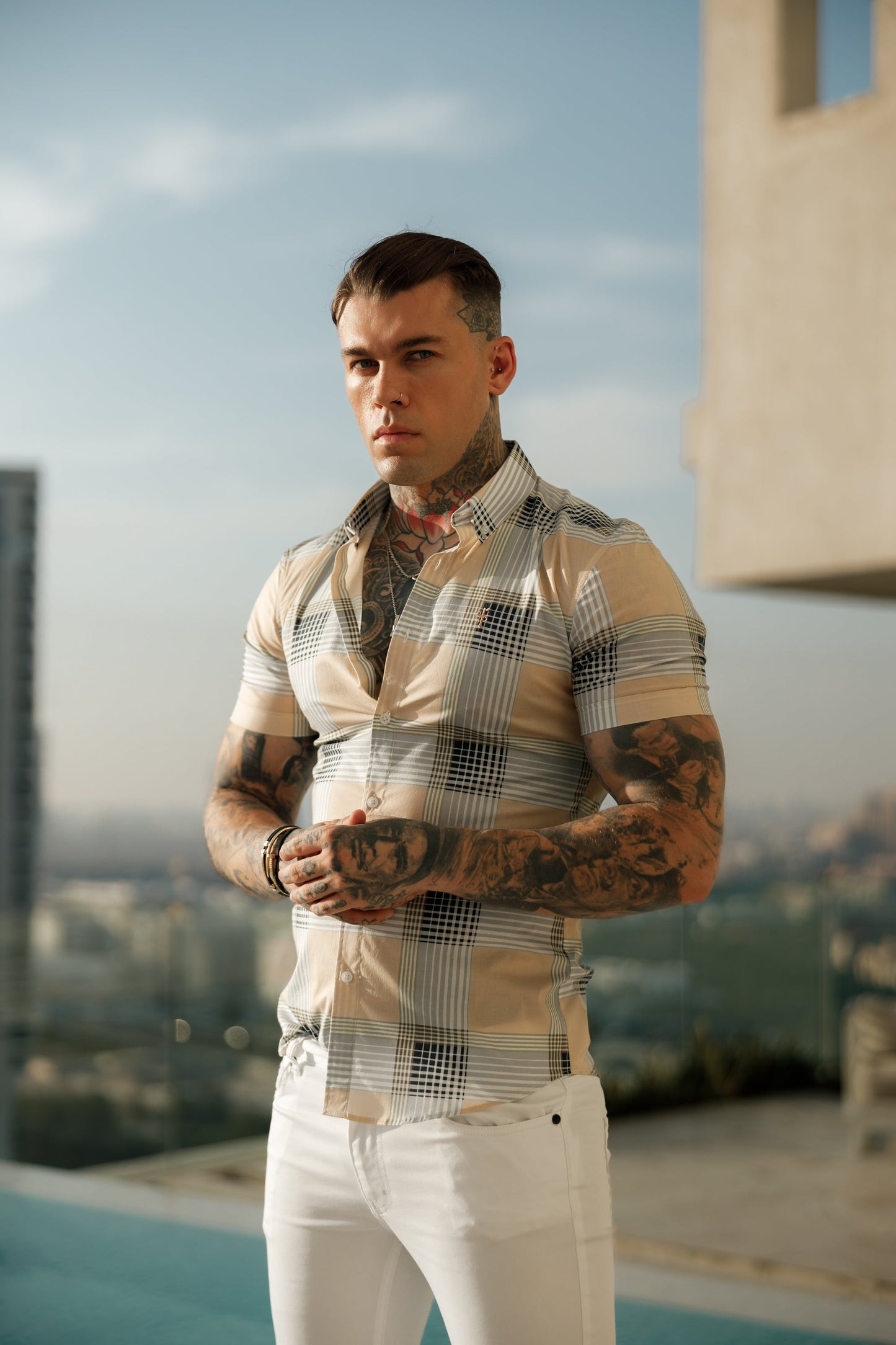 Father Sons Stylish Super Slim Fit Stretch Peach & Grey Check Short Sleeve Shirt with Button Down Collar - FS900