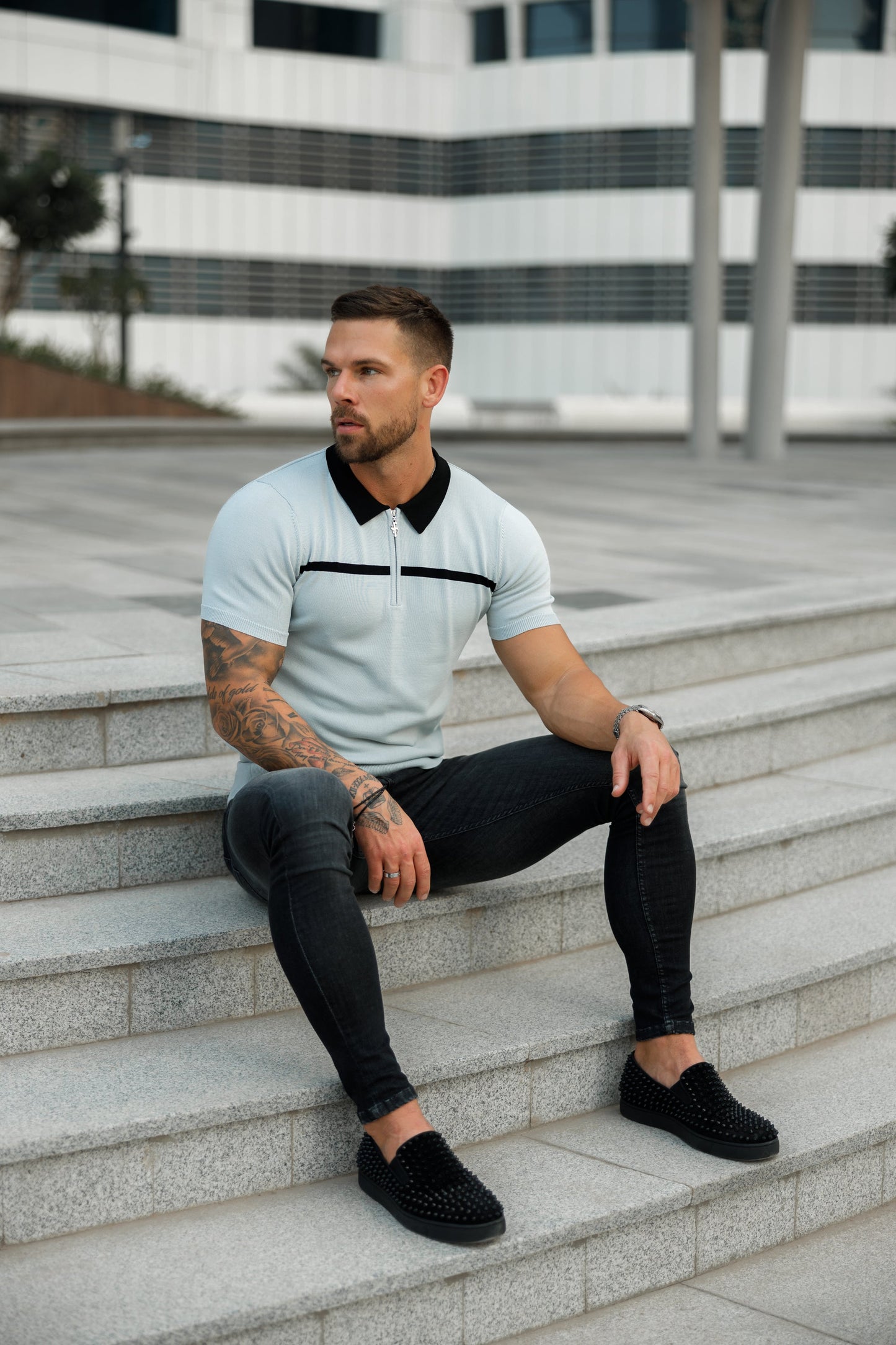 Elevate Your Style with the Father Sons Silver Grey and Black Stripe Zipped Polo - Short Sleeve FSN040