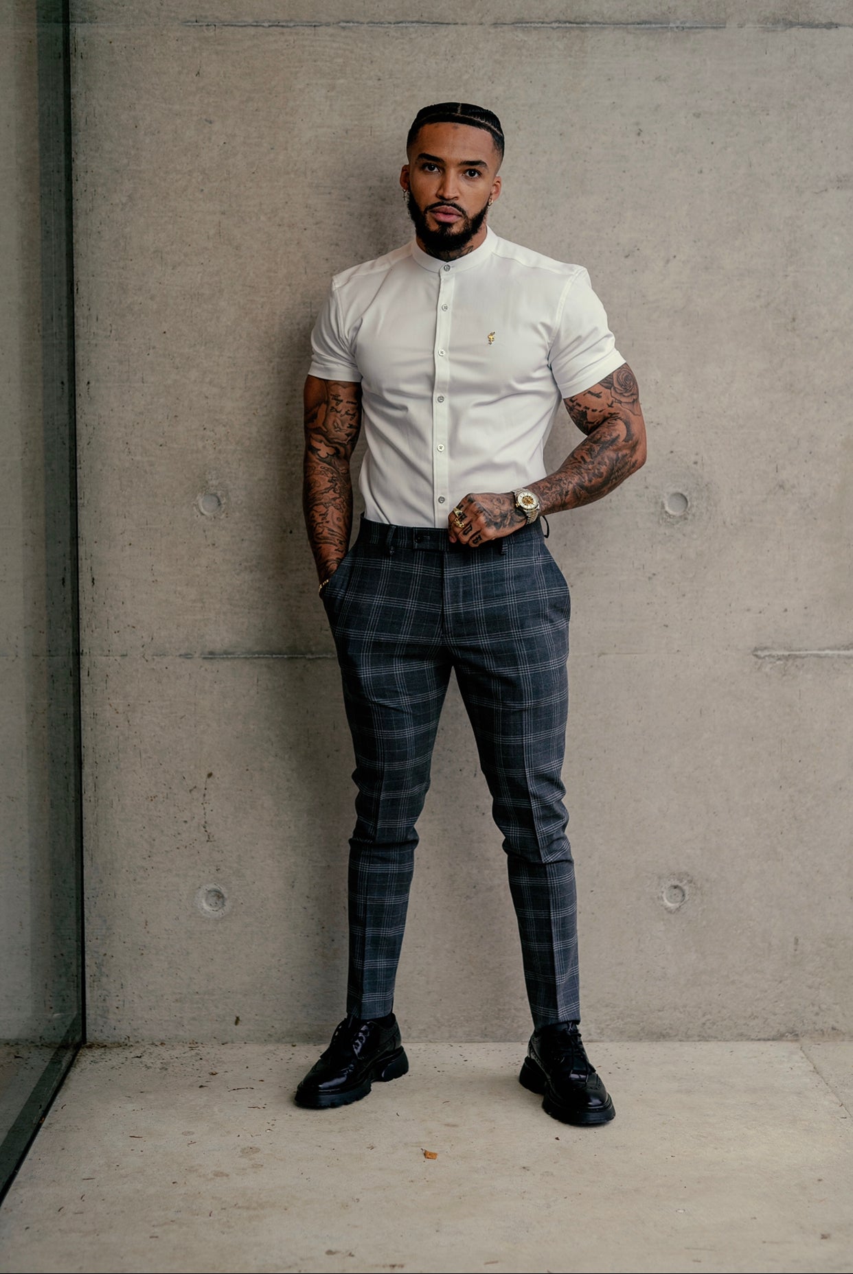 Elevate Your Style with Father Sons Slim Fit Silver Grey Check Stretch Trousers - FST005