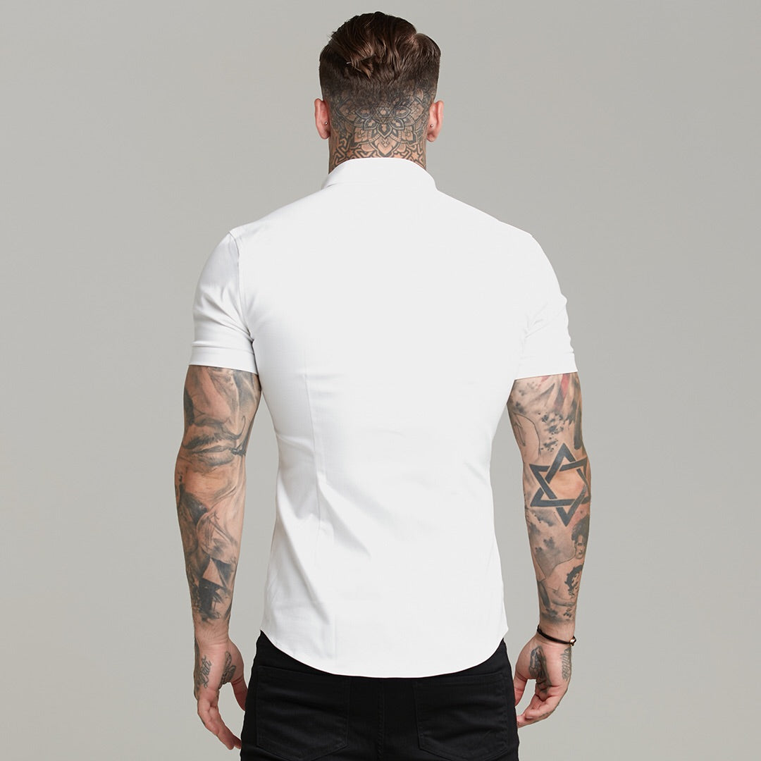 Elevate Your Style with Father Sons Super Slim Fit Stretch White Denim Short Sleeve Shirt - FS598