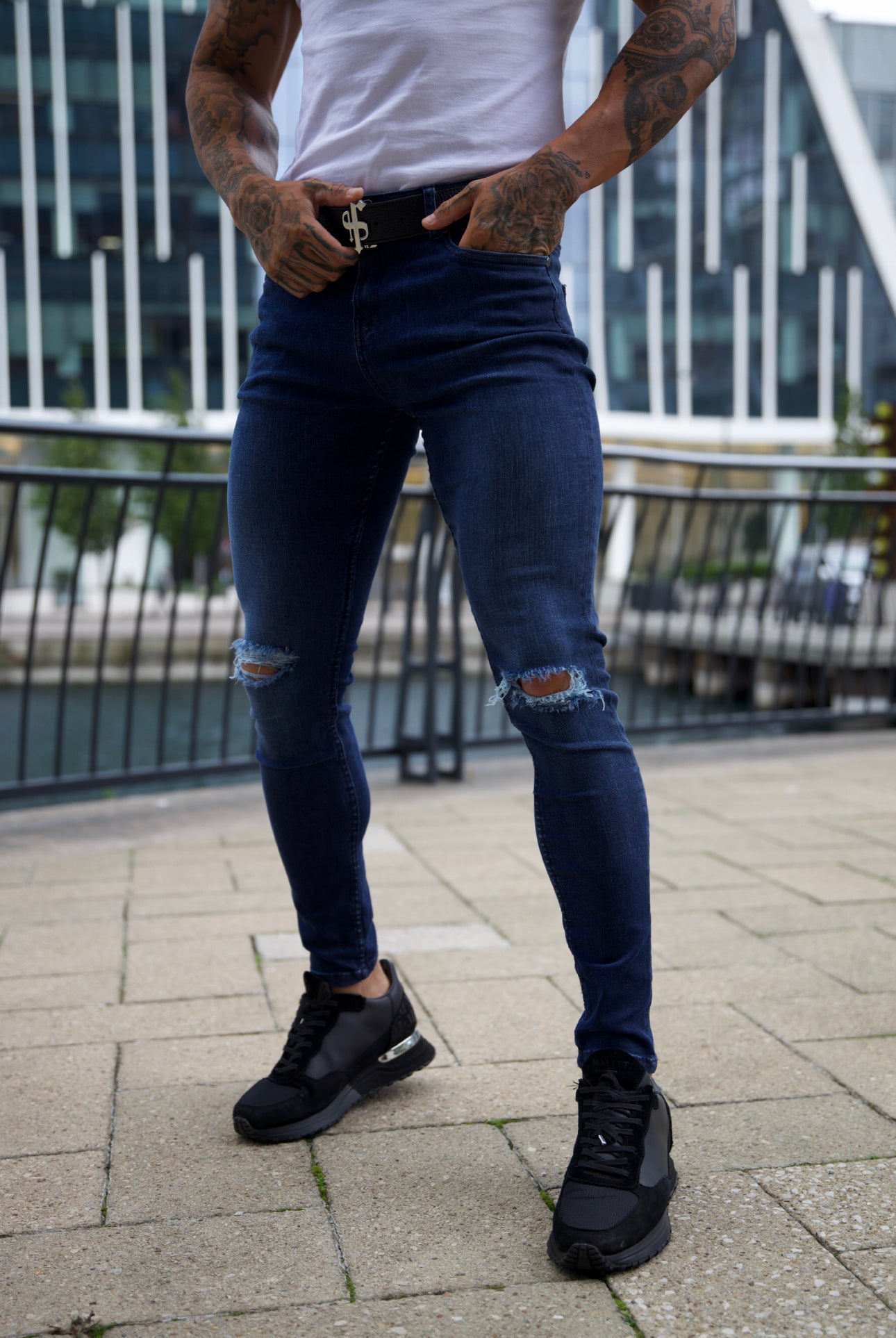 Elevate Your Style with Father Sons Ultra-Stretch Navy Slim Jeans Featuring Trendy Knee Rips - FSJEAN004
