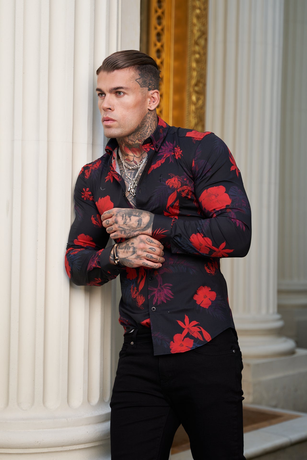Elevate Your Style with Father Sons Super Slim Stretch Long Sleeve Shirt in Striking Black and Red Floral Print - FS770