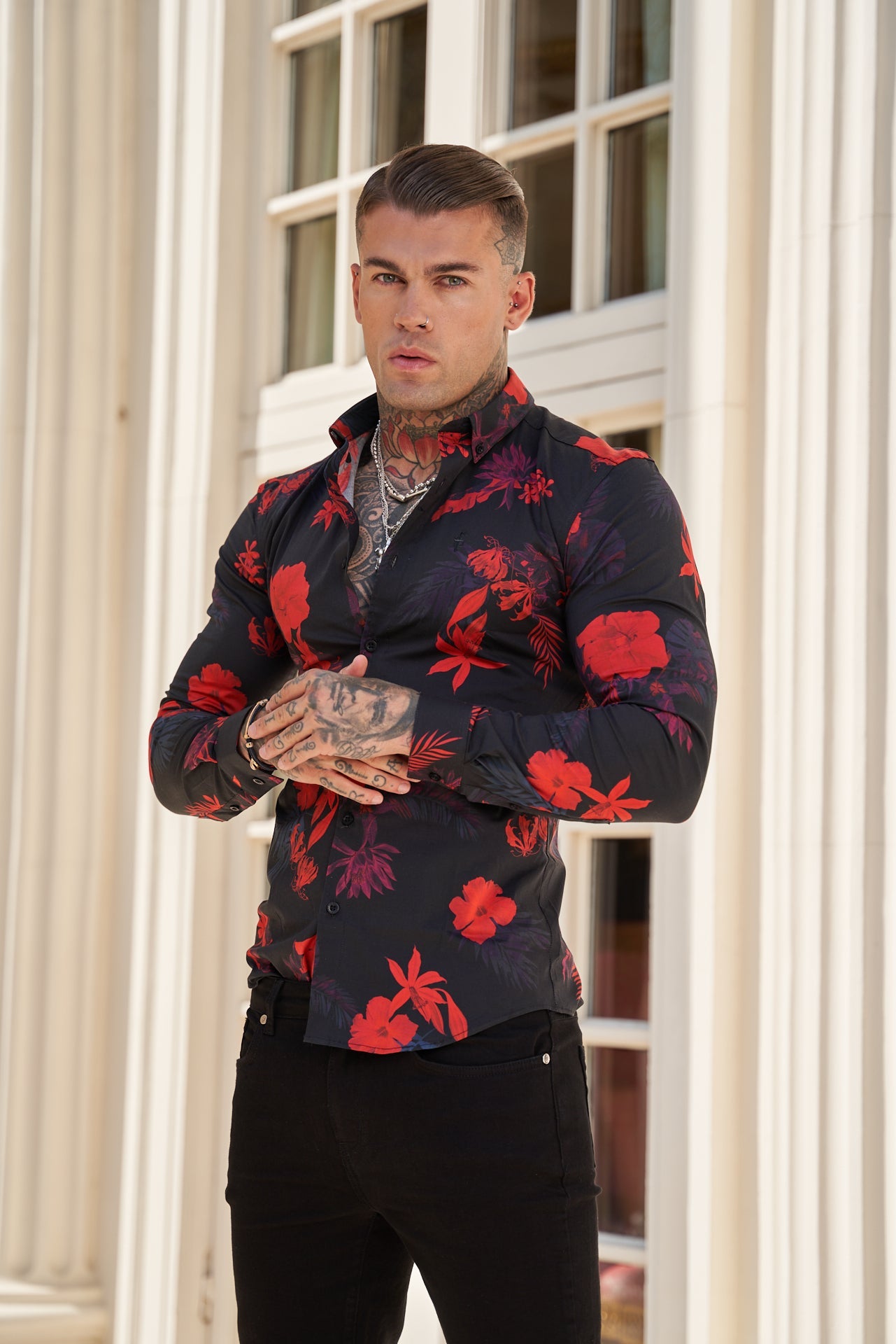 Elevate Your Style with Father Sons Super Slim Stretch Long Sleeve Shirt in Striking Black and Red Floral Print - FS770