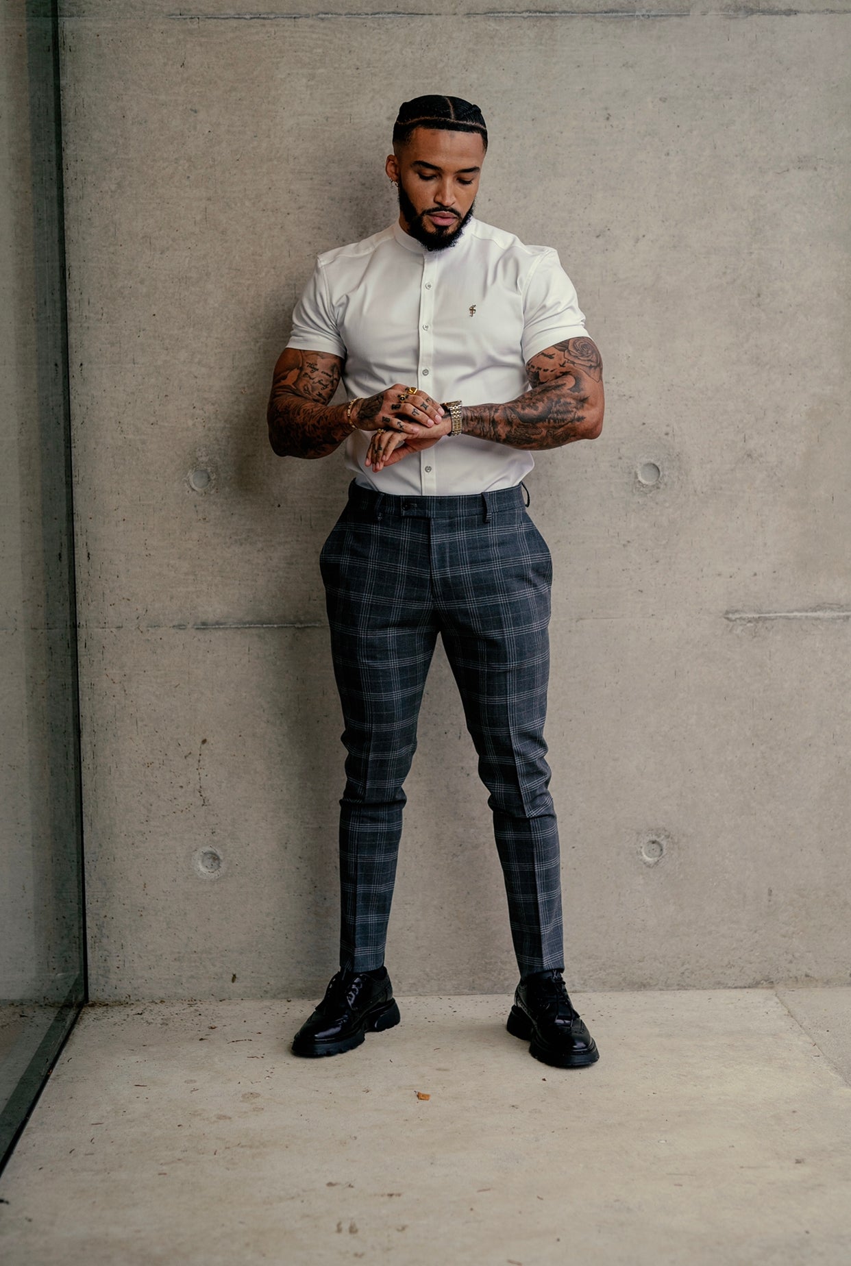 Elevate Your Style with Father Sons Slim Fit Silver Grey Check Stretch Trousers - FST005