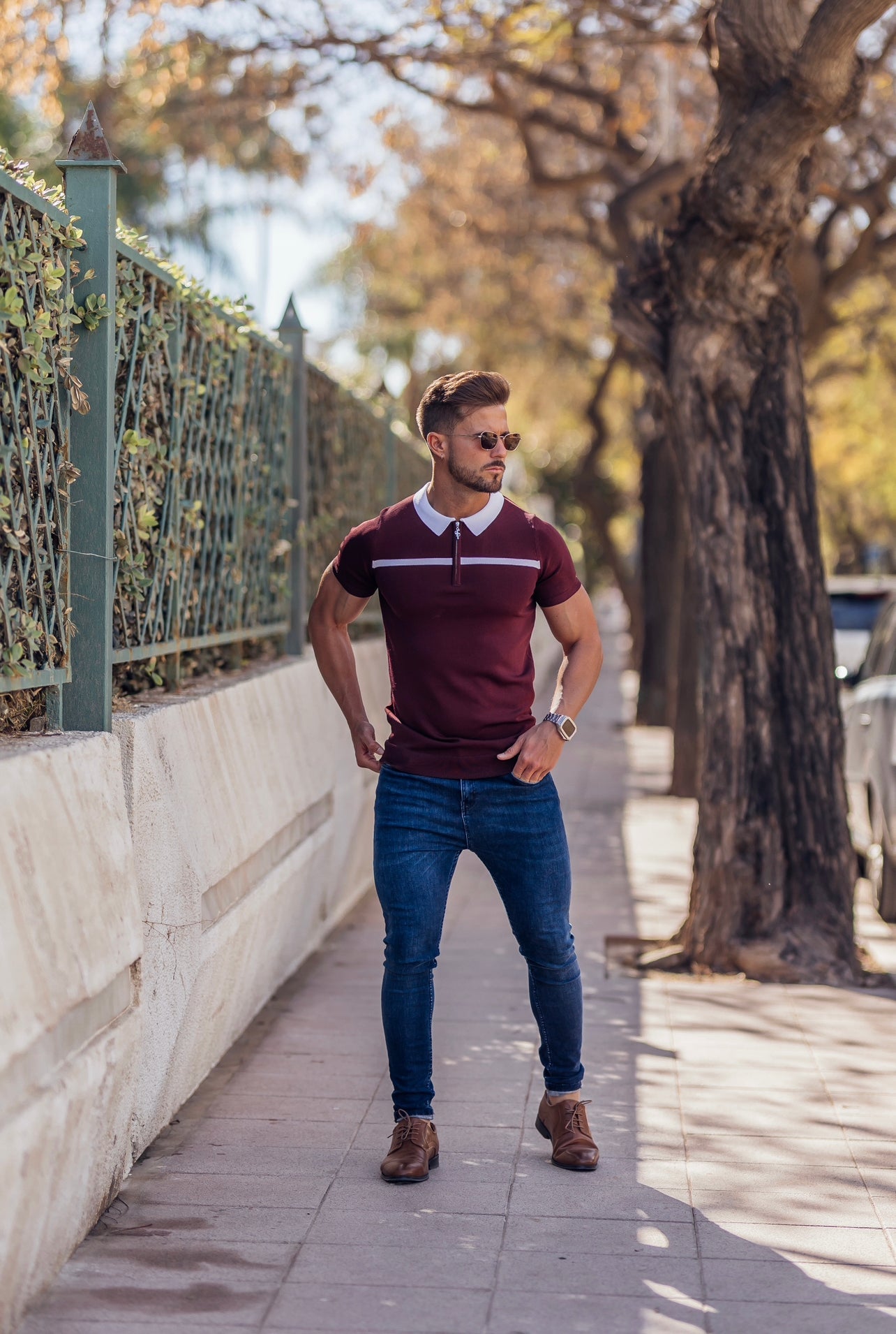 Elevate Your Style with the Father Sons Classic Burgundy and White Striped Zipped Polo - FSN045