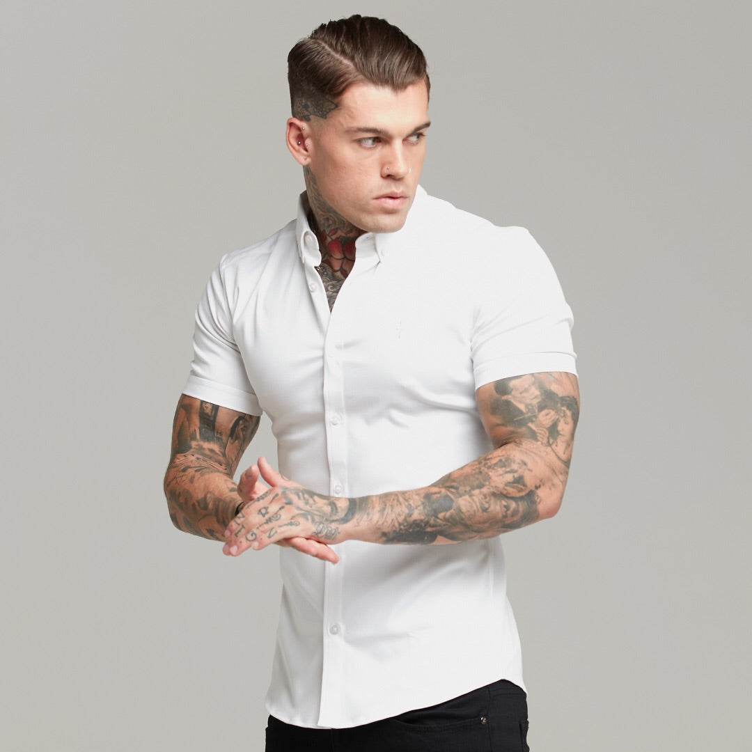 Elevate Your Style with Father Sons Super Slim Fit Stretch White Denim Short Sleeve Shirt - FS598
