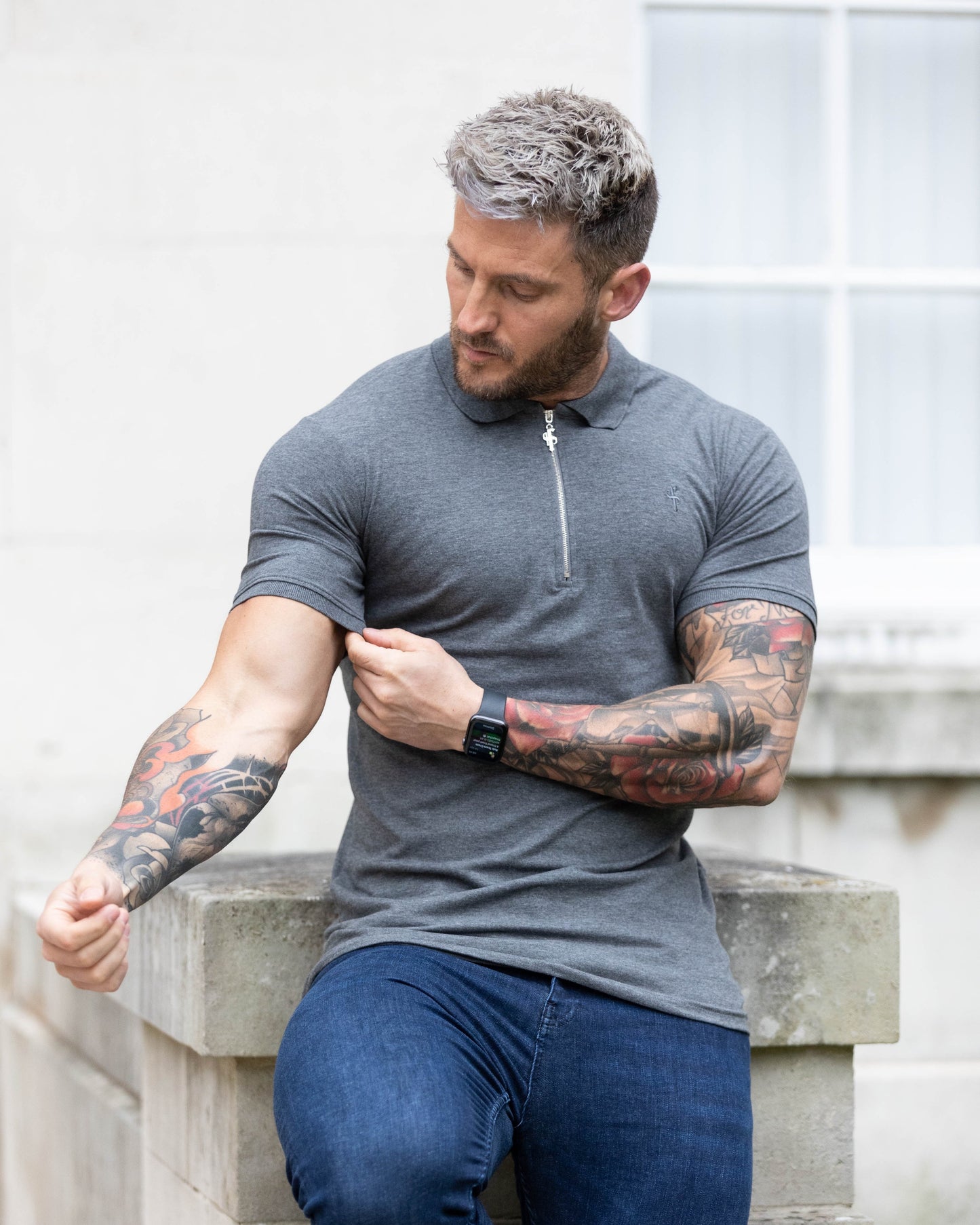 Stylish Dark Grey and Silver Zipped Polo Shirt for Men - Father Sons FSH812
