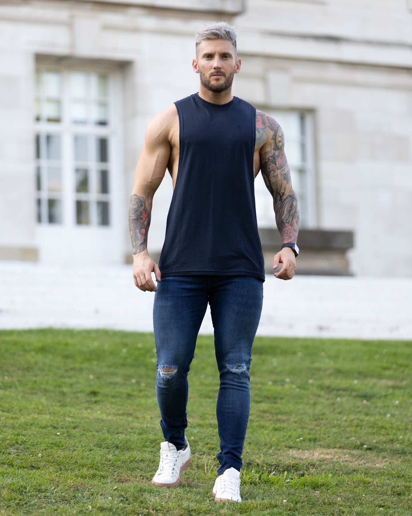 Elevate Your Style with Father Sons Ultra-Stretch Navy Slim Jeans Featuring Trendy Knee Rips - FSJEAN004