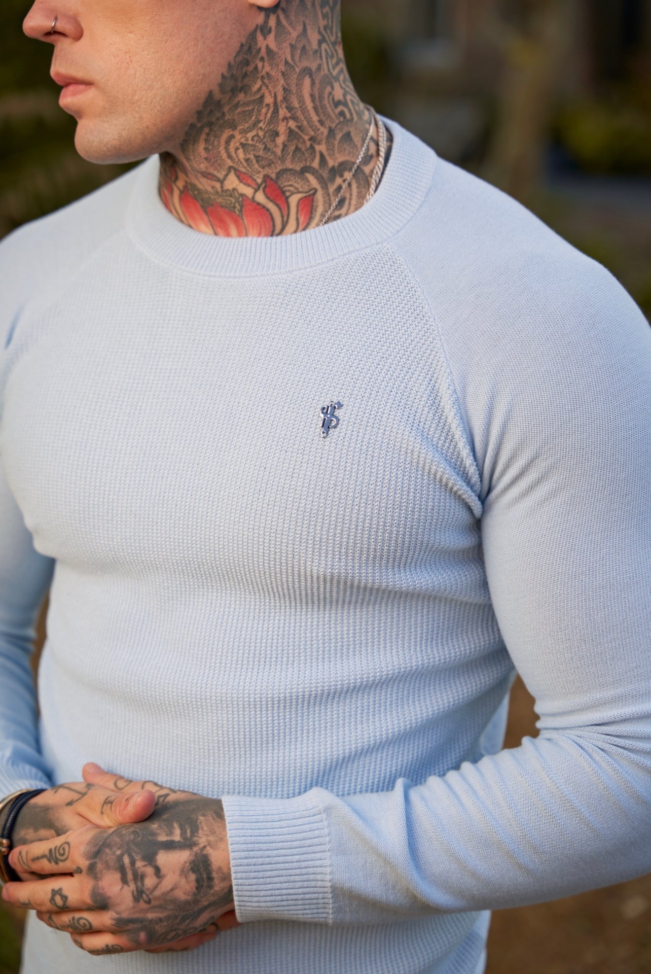 Sky Blue Honeycomb Knitted Crew Jumper for Men - Super Slim Fit with Stylish Metal Decal by Father Sons - FSN067