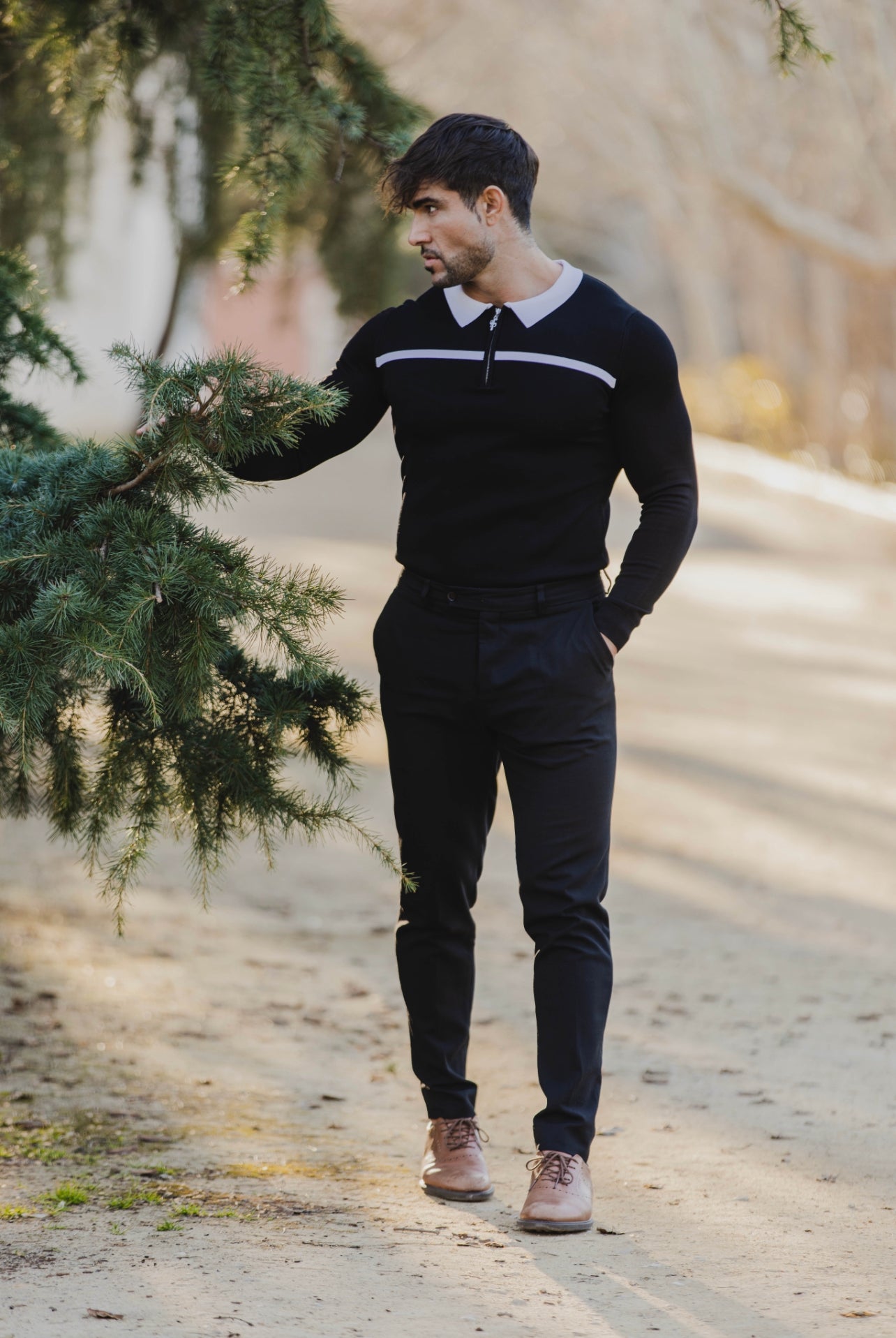 Elevate Your Style with Father Sons Classic Black and White Striped Long Sleeve Zipped Polo - FSN047