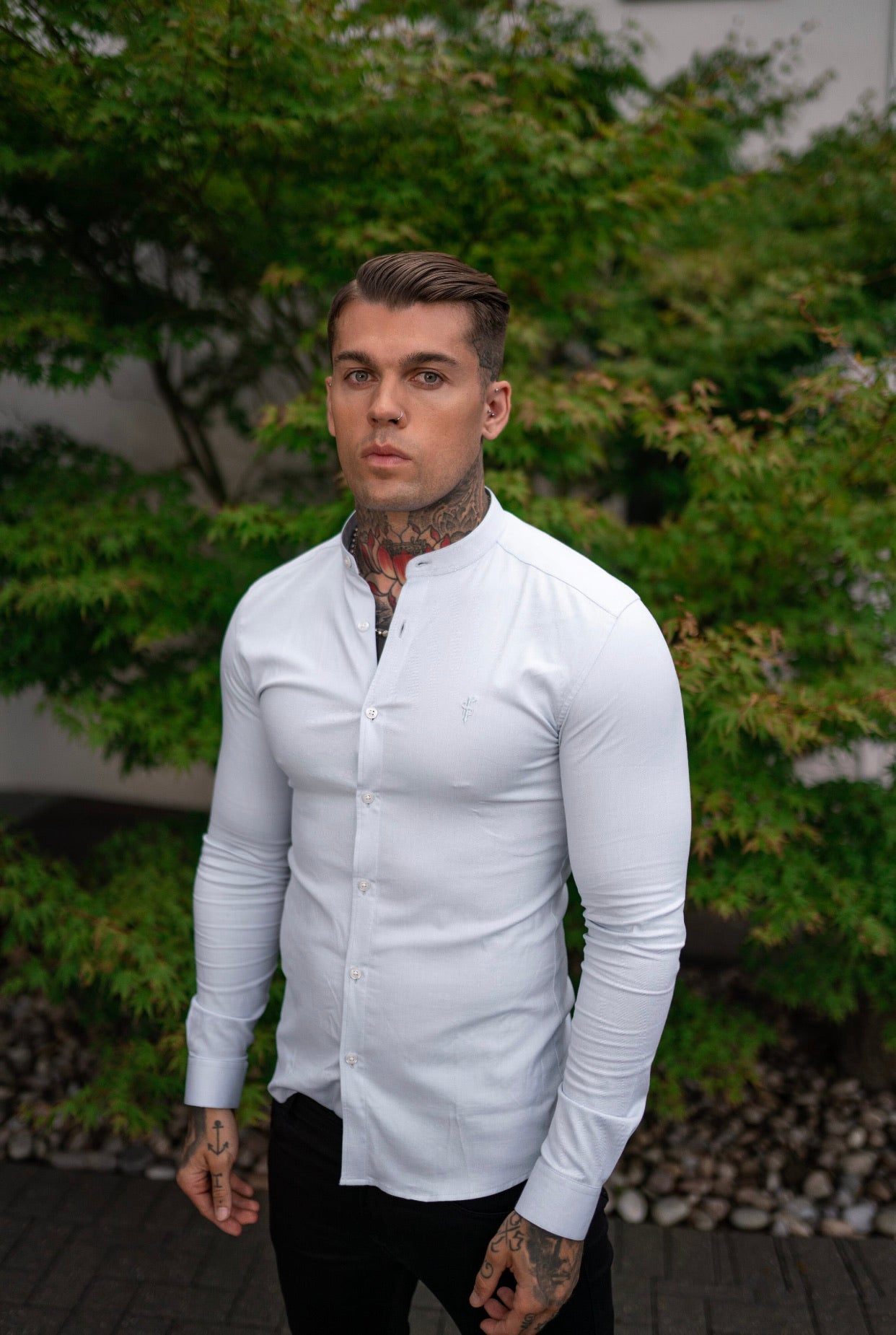 Elevate Your Style with the Father Sons Super Slim Stretch Classic White Grandad Collar Oxford Shirt - FS732