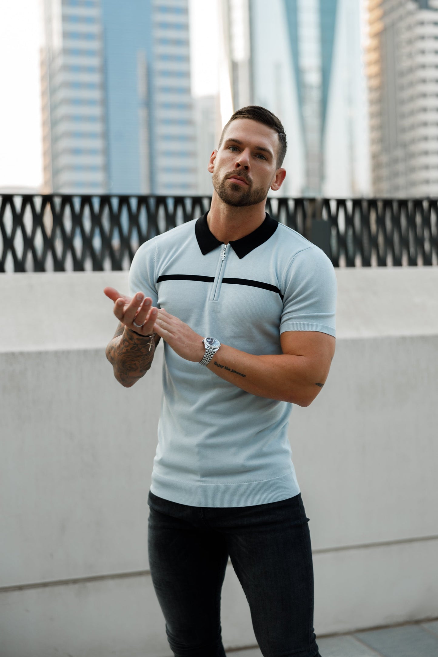 Elevate Your Style with the Father Sons Silver Grey and Black Stripe Zipped Polo - Short Sleeve FSN040