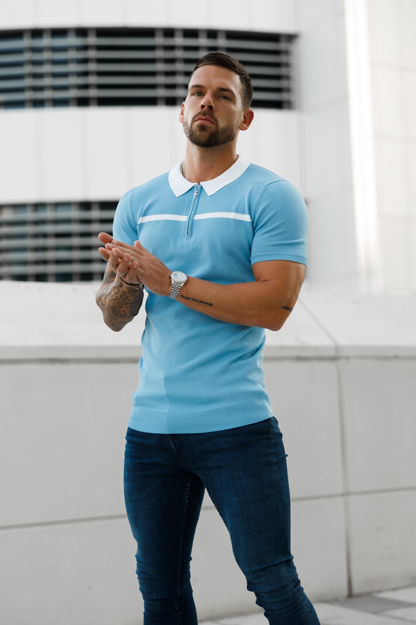 Elevate Your Style with the Father Sons Sky Blue & White Striped Zipped Polo – Short Sleeve Essentials - FSN058