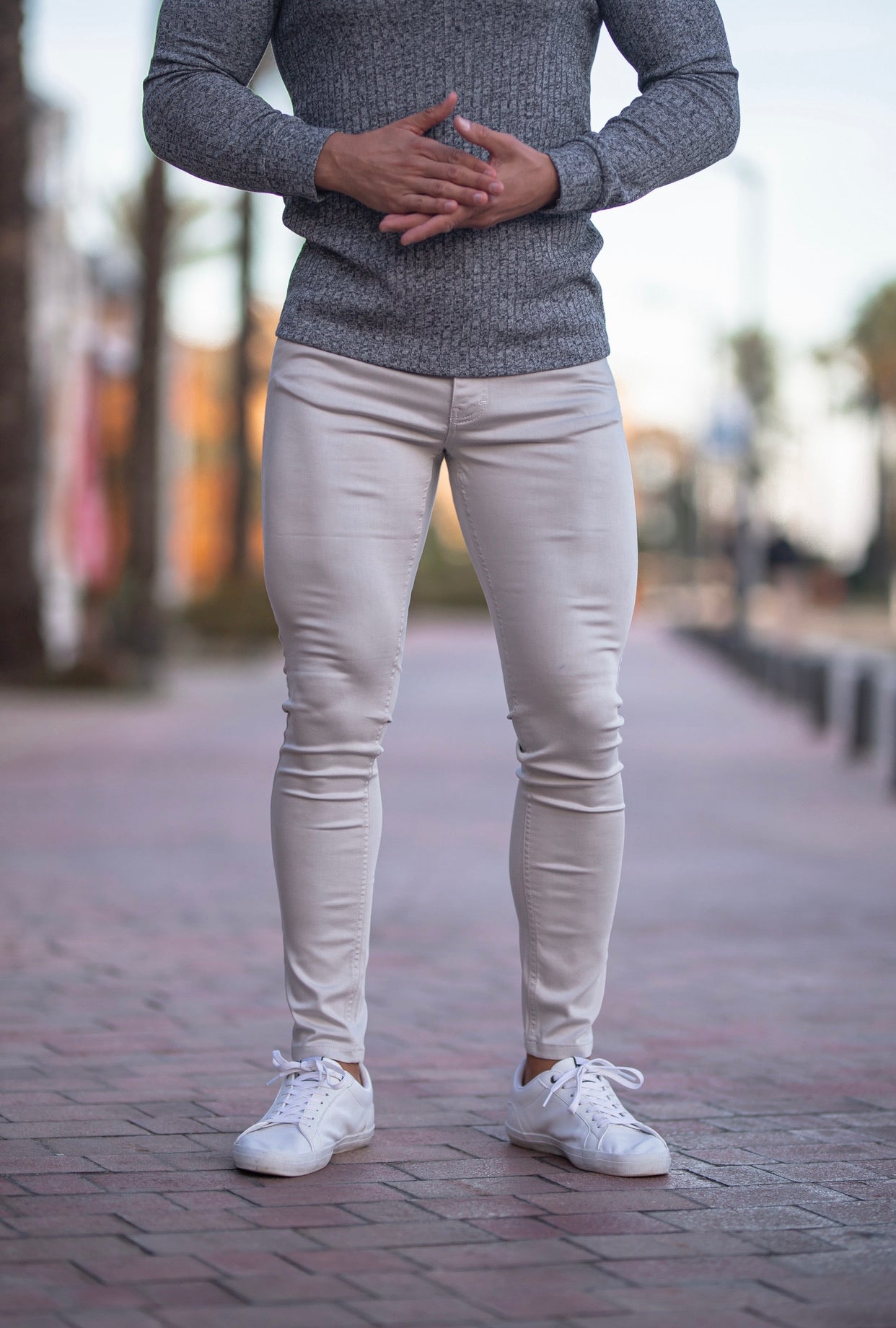 Elevate Your Style with Father Sons Slim Fit Stretch Stone Grey Sateen Trousers - FSH522