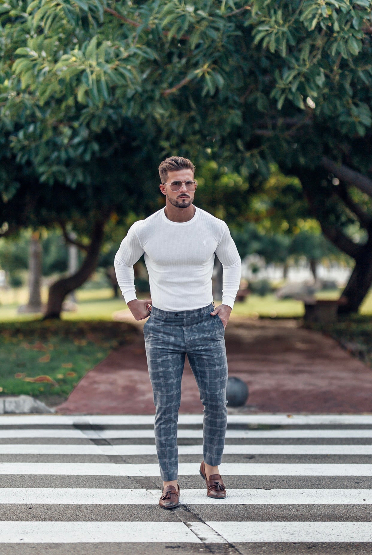Elevate Your Style with Father Sons Slim Fit Silver Grey Check Stretch Trousers - FST005