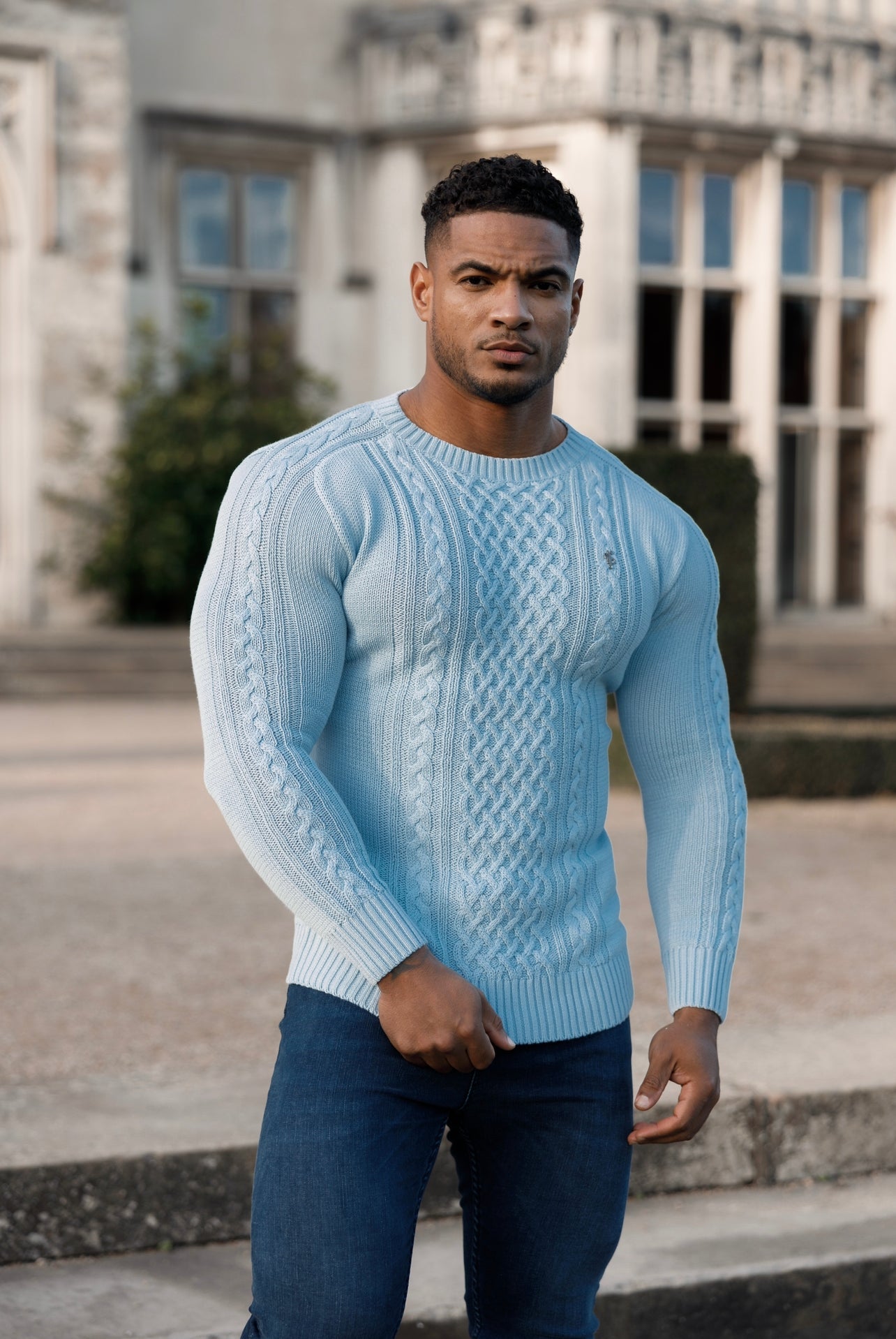 Elevate Your Wardrobe: Father Sons Sky Blue Knitted Cable Crew Jumper with Chic Metal Decal - FSN081